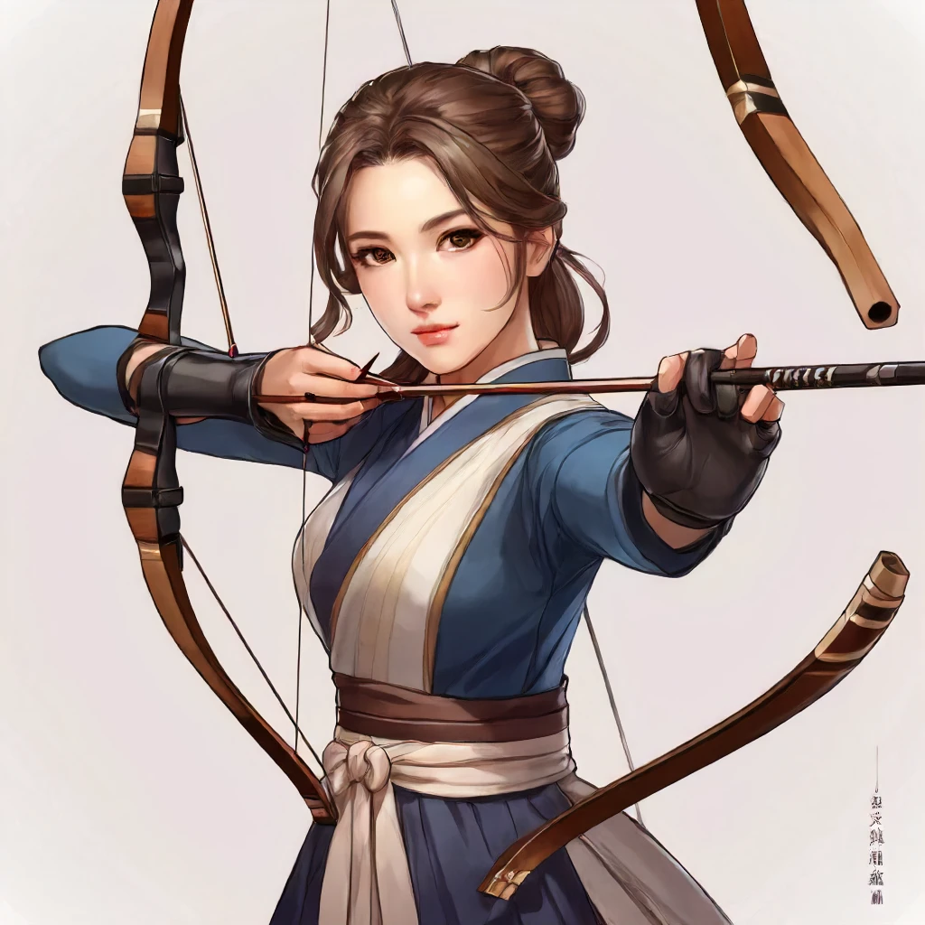 1girl,Bow, Japanese, kyudo, yumi, portrait photo of 1person, d1dress, brown hair, gloves, holding, standing, full body, ponytail, weapon, single glove, bow \(weapon\), partially fingerless gloves, arrow \(projectile\), holding bow \(weapon\), aiming, drawing bow, archery, d1 dress, cloth, beautiful eyes, looking to the camera<lora:mergedarchedlora:0.7>
