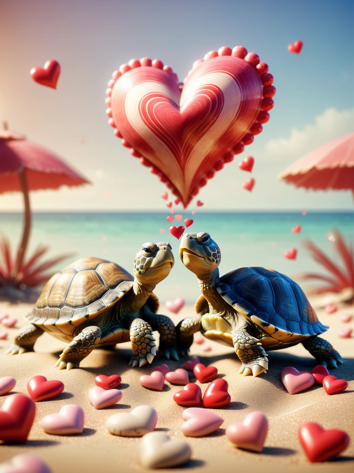 two turtles on the beach, mad-love hearts clams <lora:Love_is_in_the_air_SDXL:0.8>, (masterpiece:1.2), best quality, (hyperdetailed, highest detailed:1.2), high resolution textures