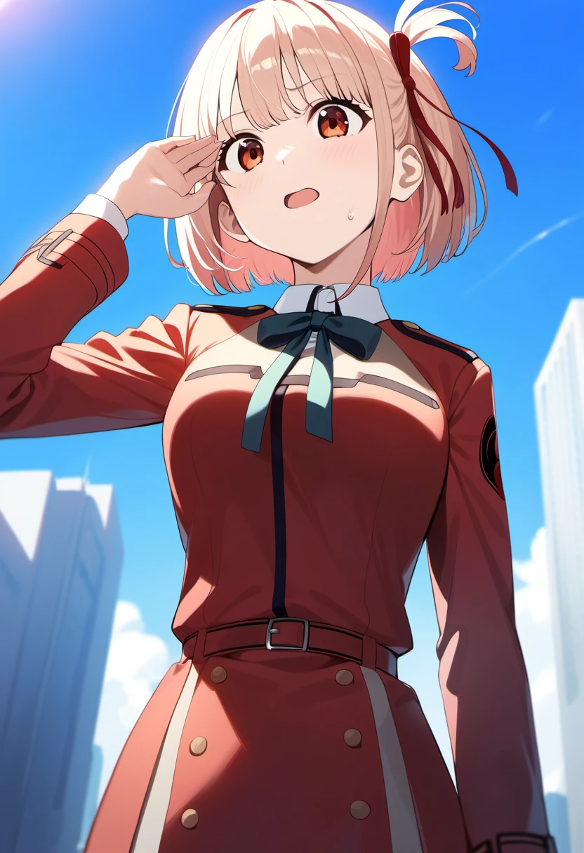 1girl, nishikigi chisato, lycoris recoil, lycoris uniform, one side up, city, from below, shading eyes, depth of field, sweatdrop, bloom, blue sky, very aesthetic, best quality