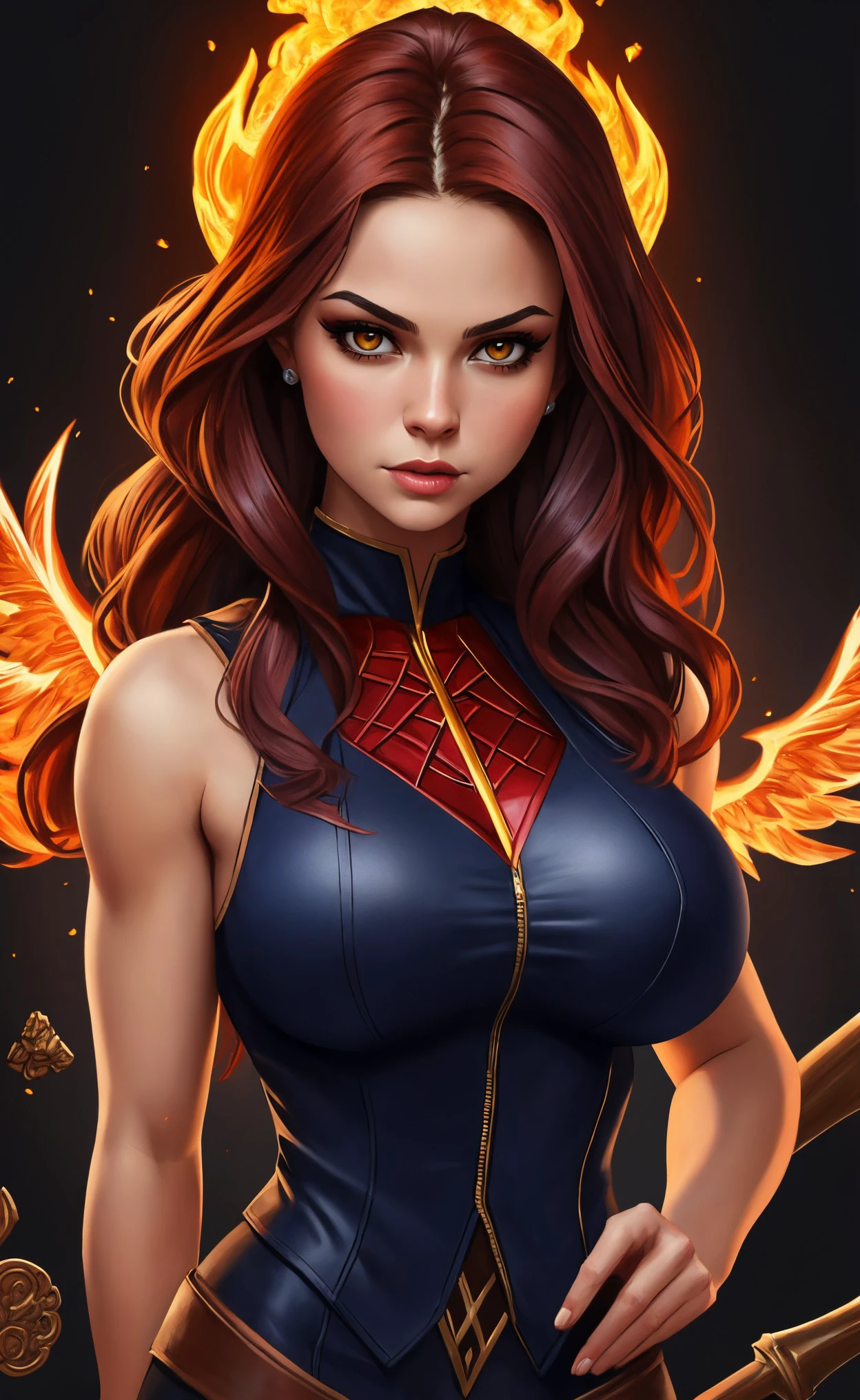 aleksei gilev style,arosen style, 
([Nina( :0)Dobrev|riley star|Shakir(:0)a]:0.9) middle shot,
[cartoon, vector art, anime :realistic, real life, hyper realistic:0.25],topless,,
beautiful young woman, , large breasts, fit, ghastly,
As Jean Grey/Phoenix, Grisaille painting, paired with a vest packed with tools and artifacts,
, , ,