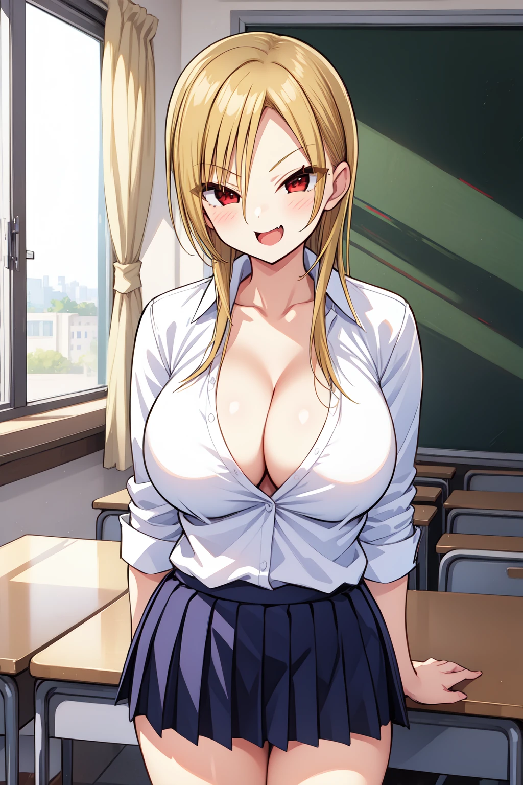 1girl, cowboy shot, angry, classroom, smile,
akutu_riko, (fang:1.2), red eyes, blonde hair, long hair, cleavage, school uniform,  white shirt, collared shirt, pleated skirt, <lora:akutu_riko_lora_ver2:0.7>, best quality, masterpiece, highres, <lora:GoodHands-vanilla:1>
