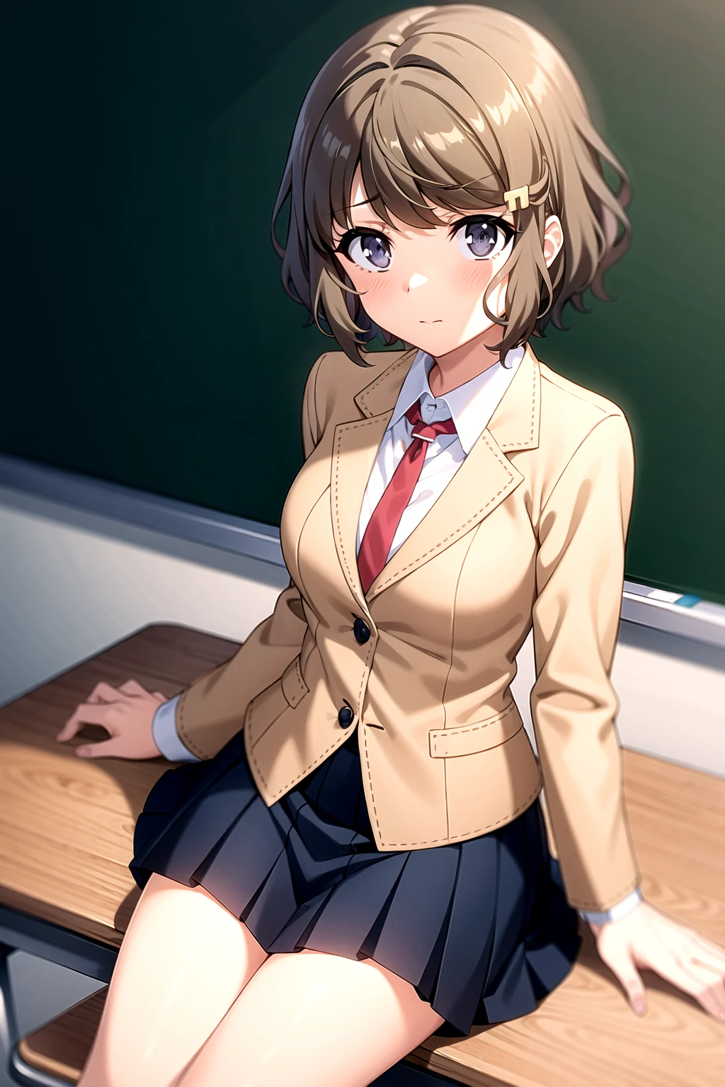 <lora:TomoeKoga-08:0.7>, masterpiece, high quality, perfect lightning, EBTomoeKoga, 1girl, solo, looking at viewer, blush, short hair, grey eyes, skirt, brown hair, shirt, hair ornament, long sleeves, sitting, closed mouth, school uniform, jacket, white shirt, pleated skirt, necktie, hairclip, collared shirt, black skirt, red necktie, desk, brown jacket, school desk, on desk, school chair, indoors, classroom