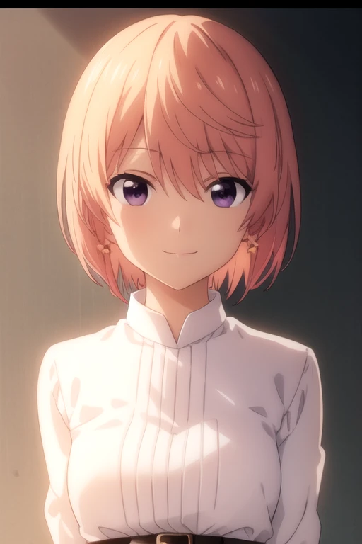 ((masterpiece)),(best quality),official art,extremely detailed CG,unity 8k wallpaper,ultra detailed,beautiful detailed eyes,extremely detailed face,1girl,solo,upper body,(portrait:1.5),looking at viewer,facing viewer,smile,short_hair,blonde_hair,bangs,purple_eyes,pink_shirt,long_sleeves,shirt_tucked_in,white_belt,pencil_skirt,purple_skirt,black_pantyhose,high_heels,red_footwear,<lora:Oshieda Atsuko(ag)>,