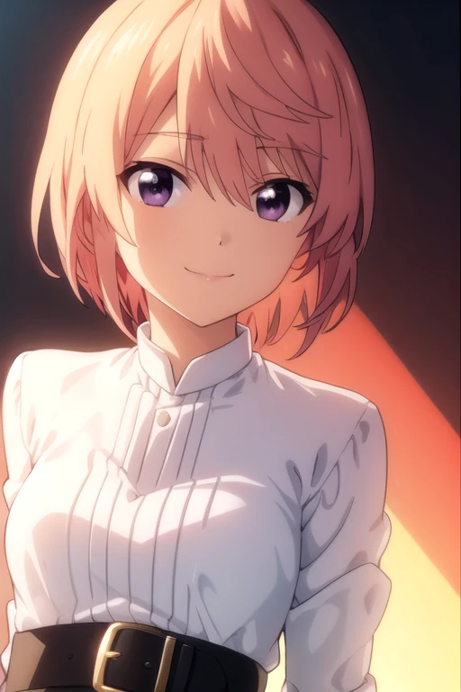 ((masterpiece)),(best quality),official art,extremely detailed CG,unity 8k wallpaper,ultra detailed,beautiful detailed eyes,extremely detailed face,1girl,solo,upper body,(portrait:1.5),looking at viewer,facing viewer,smile,short_hair,blonde_hair,bangs,purple_eyes,pink_shirt,long_sleeves,shirt_tucked_in,white_belt,pencil_skirt,purple_skirt,black_pantyhose,high_heels,red_footwear,<lora:Oshieda Atsuko(ag)>,