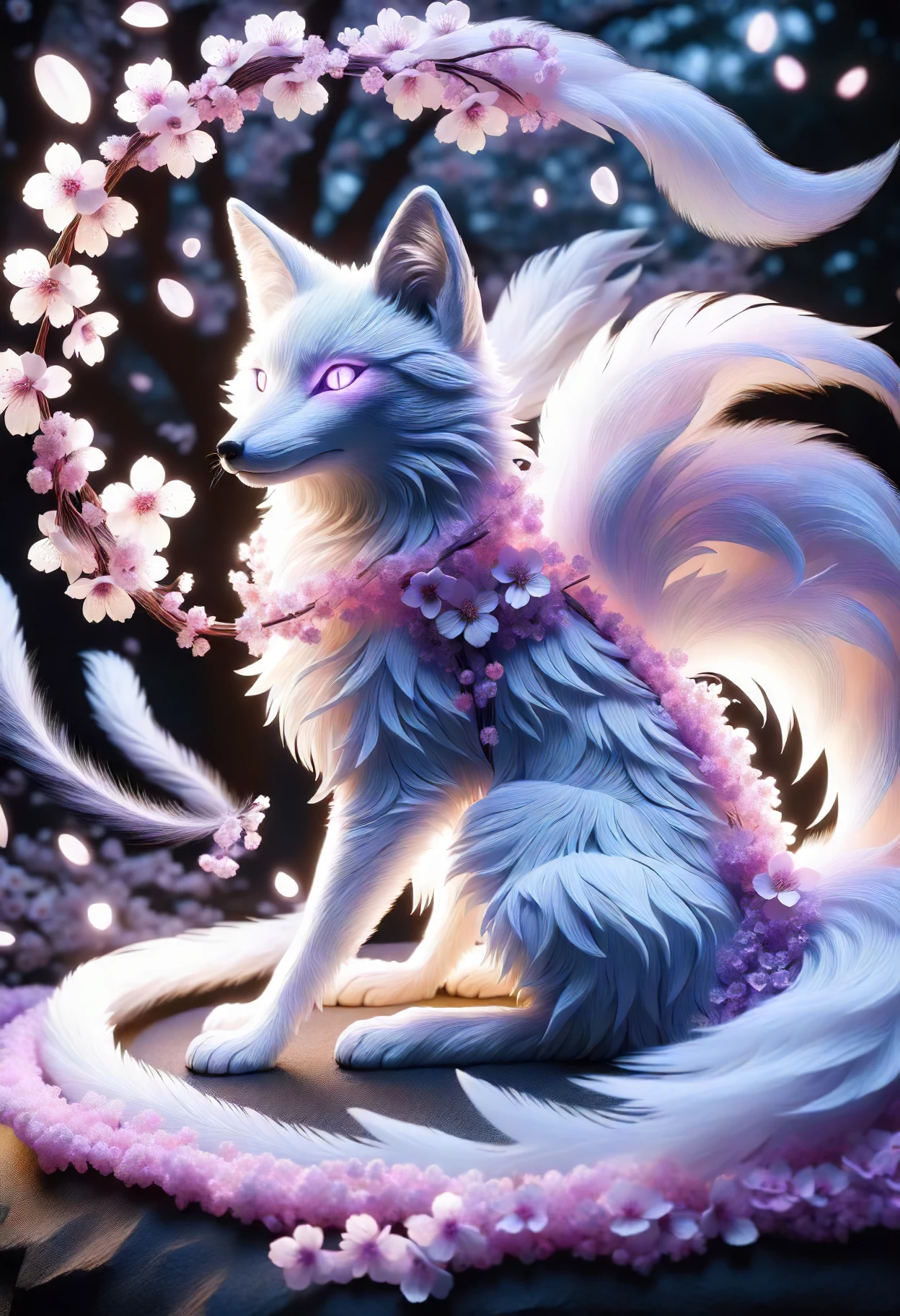 DonMS4kur4XL,sakura blossoms, female kitsune, fox spirit,fox with multiple tails, power, magical enchanting aura,supernatural alluring eyes white and red, intelligence, trickery,wisdom, supernatural feats, early twenties, curvy, indigenous peoples of the america, violet eyes, underbite jaw, soft cheeks, high forehead, well-formed back muscles, , violet low ponytail hair, regret, engrossed in deciphering cryptic texts, surrounded by ancient scrolls, feathered wings warlock, shadow magic , using a staff to amplify magical energy, connecting with its power, radiant aura <lora:released\DonM3t3rn1tyXL-v1.1-000008:0.8><lora:myLora\DonMS4kur4XL-000006:0.8>
