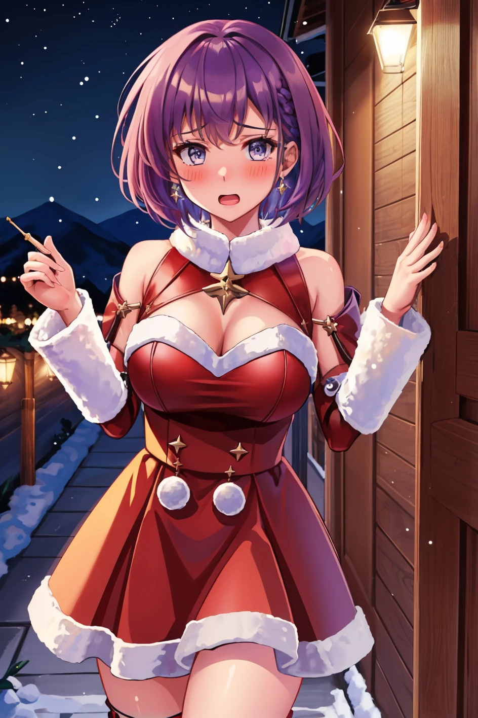 masterpiece, 1girl, large breasts, solo, surprised, blush, <lora:BernadettaFEHXmas:0.9> xmasBernie, short hair, purple hair, red dress, winter