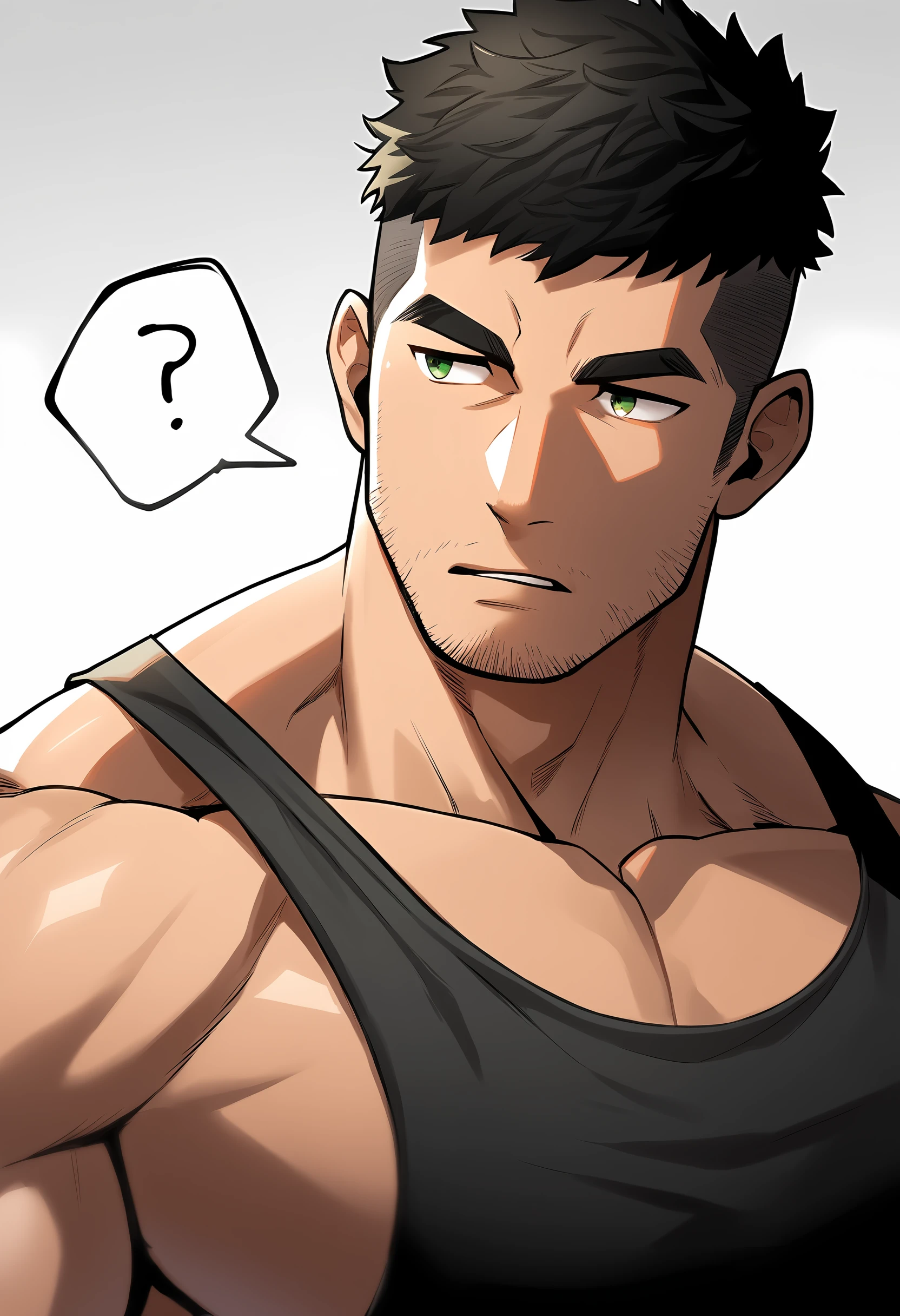 1boy, male focus, tank top, black tank top, sidepec, muscular male, muscular, bara, upper body, solo, looking to the side, annoyed, speech bubble, short hair, undercut, stubble, black hair, green eyes, parted lips, white background, simple background, best quality, amazing quality, best aesthetic, absurdres, year 2023