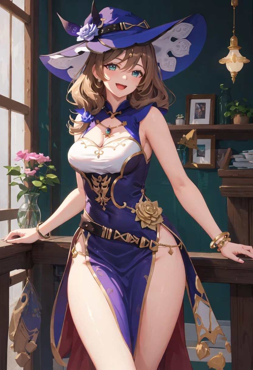 best quality, masterpiece, highres, solo, {lisa_genshin:0.90}, bare_shoulders, bead_bracelet, beads, china_dress, chinese_clothes, dress, jewelry, looking_at_viewer, sleeveless, sleeveless_dress, bracelet, smile, medium_breasts, thighs, cowboy_shot, :d, open_mouth