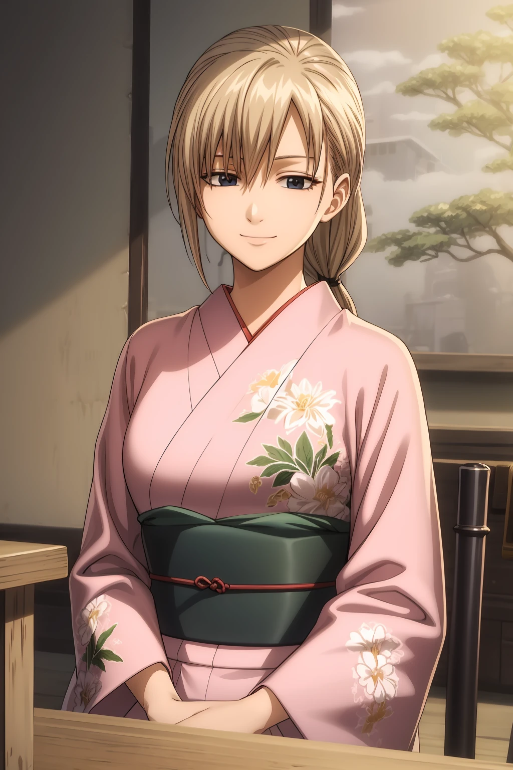(RAW photo, best quality), masterpiece, an extremely delicate and beautiful, extremely detailed, 2k wallpaper, Amazing, finely detail, extremely detailed CG unity 8k wallpaper, ultra-detailed, highres, soft light, beautiful detailed girl, extremely detailed eyes and face, beautiful detailed nose, beautiful detailed eyes, cinematic lighting, perfect anatomy, beautiful body, hi-res, best quality, masterpiece, 1girl, solo, long hair, blue eyes, blonde hair, ponytail, nishiki_ikumatsu, kimono, japanese clothes, long sleeves, smile, garden