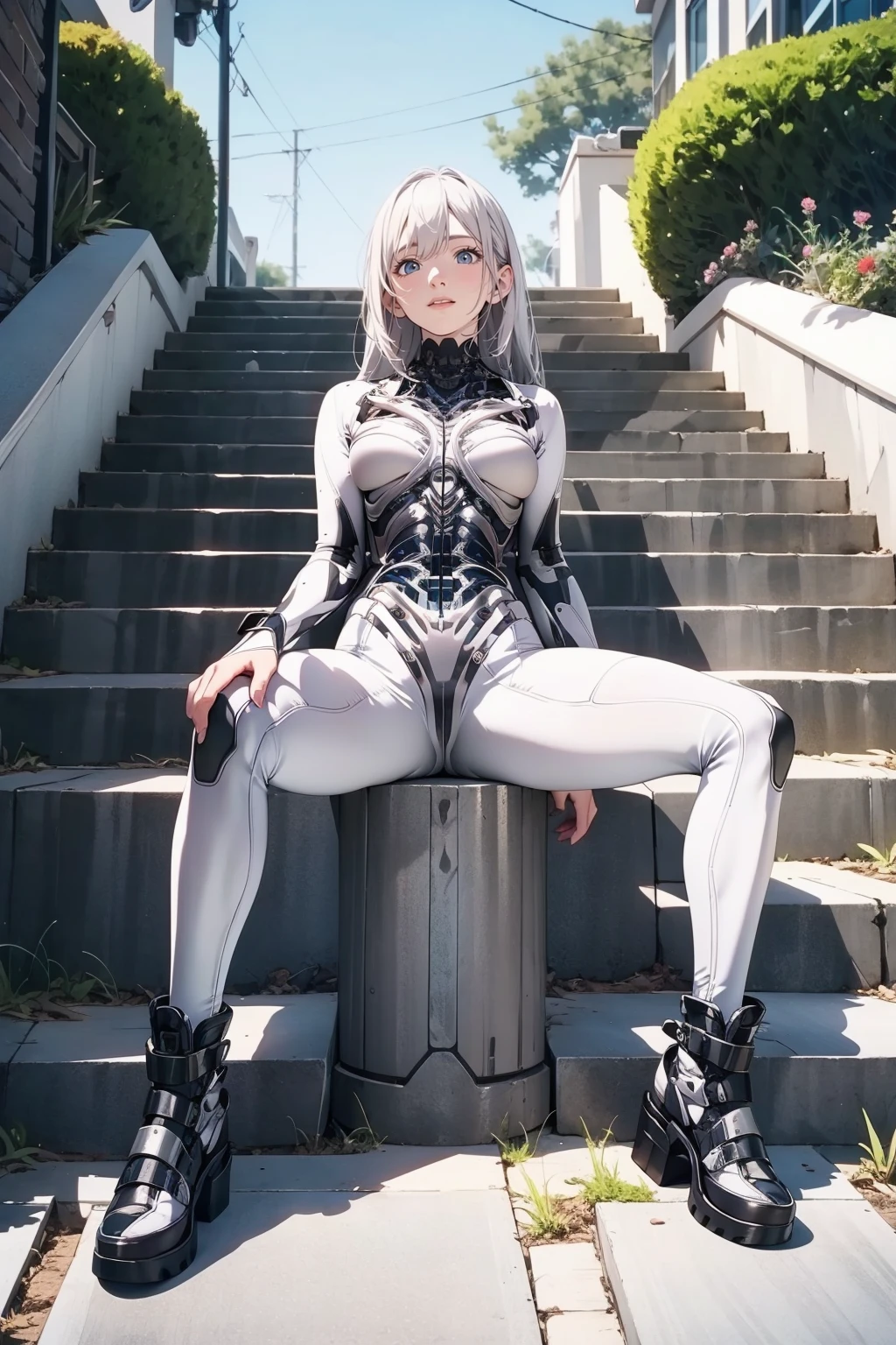 1girl,solo,medium breasts,outdoors,<lora:GoodHands-beta2:1>,(full body:1.3),(spread legs:1.1),<lora:0213 mechanical print jumpsuit_v1:0.9>,ruanyi0213,cable,mechanical parts,spine,sitting on stairs,sitting,, best quality,masterpiece,highres,official art,extremely detailed cg unity 8k wallpaper