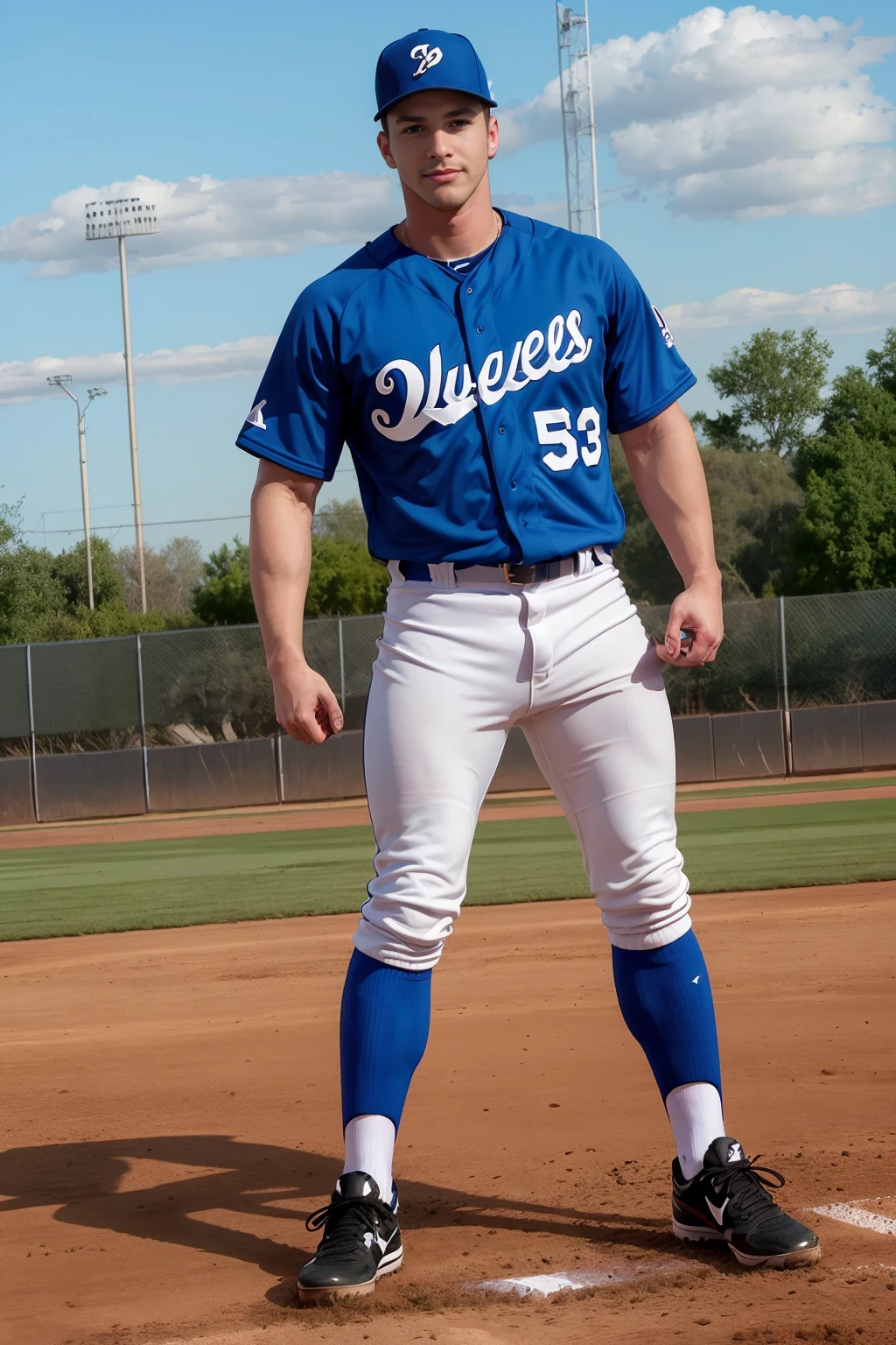 standing at home plate of a baseball field, DariusFerdynand is a baseballplayer, slight smile, baseball uniform, (blue jersey), white pants, (blue socks), long socks, (black sneakers), ((full body portrait)), wide angle <lora:Clothing - Sexy Baseball Player:0.6> <lora:DariusFerdynand:0.75>