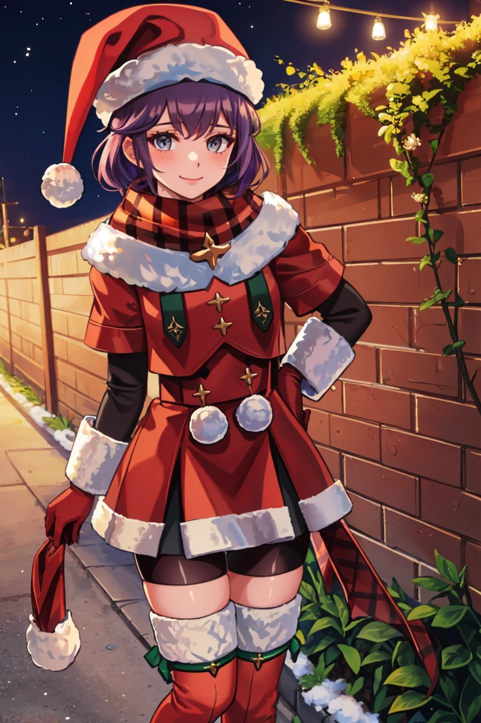 masterpiece, 1girl, looking at viewer, smile, <lora:BernadettaFEHXmas:0.9> xmasBernie, skirt, gloves, red thigh boots, long sleeves, santa hat, scarf, fur trim, bike shorts, outdoors, winter