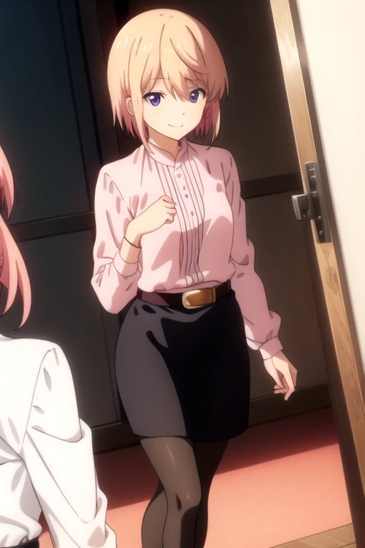 ((masterpiece)),(best quality),official art,extremely detailed CG,unity 8k wallpaper,ultra detailed,beautiful detailed eyes,extremely detailed face,1girl,solo,cowboy shot,looking at viewer,facing viewer,smile,short_hair,blonde_hair,bangs,purple_eyes,pink_shirt,long_sleeves,shirt_tucked_in,white_belt,pencil_skirt,purple_skirt,black_pantyhose,high_heels,red_footwear,<lora:Oshieda Atsuko(ag)>,