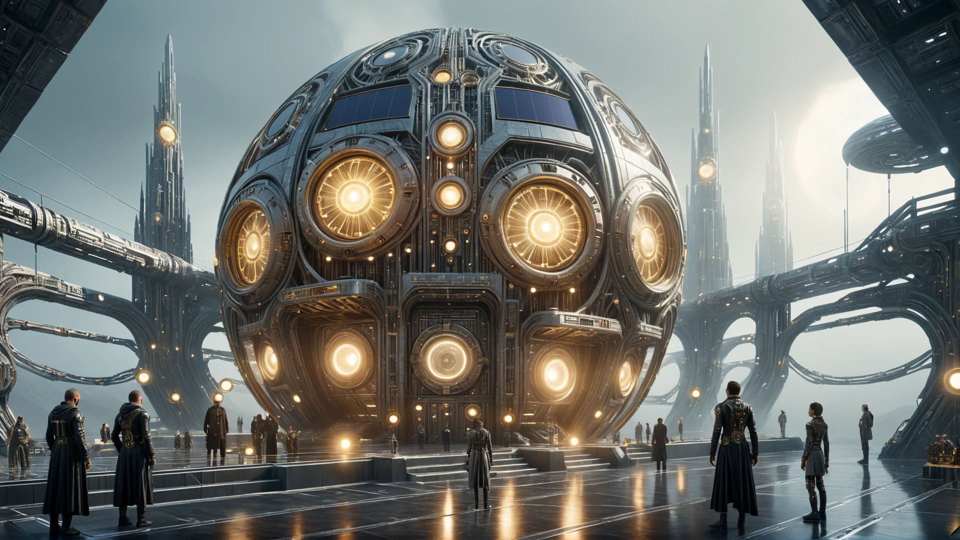 A (solarpunk scifi:1.5) hamlet with people and lights. noon, misty.
(intricate sharp details:1.5), ultra high res