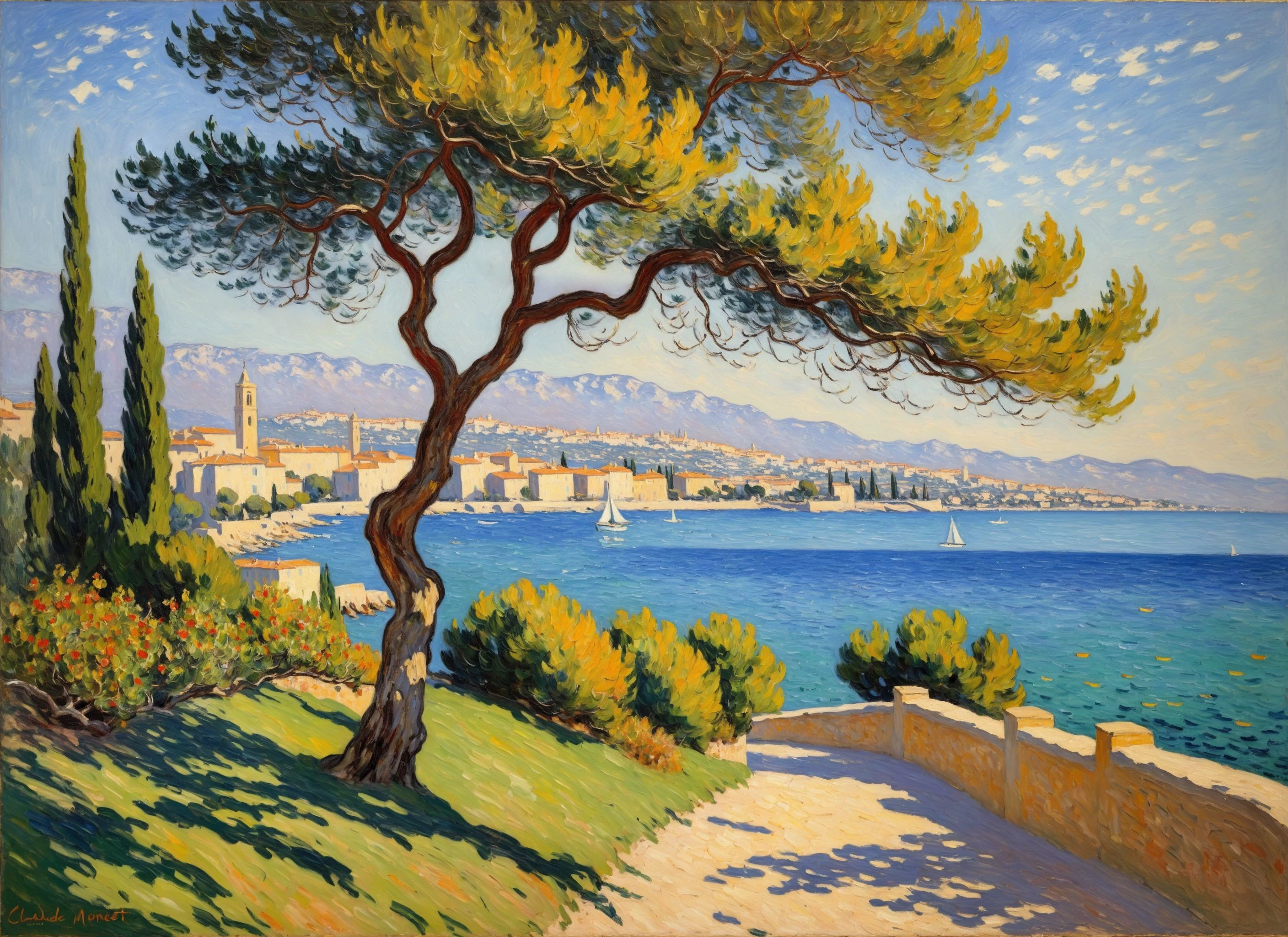 Impressionist painting Impressionist painting Claude Monet painting Antibes sea view with tree. . Loose brushwork, vibrant color, light and shadow play, captures feeling over form . Loose brushwork, vibrant color, light and shadow play, captures feeling over form