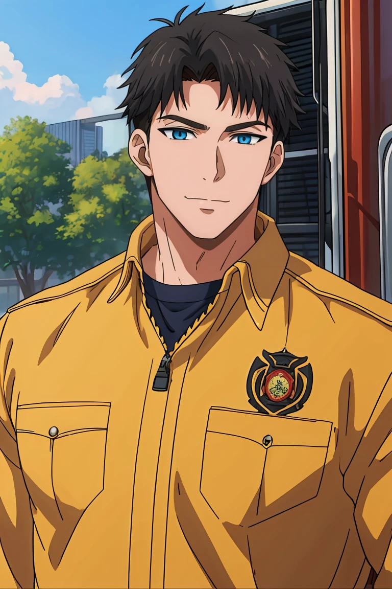 (((best quality, high resolution, masterpiece, very detailed))), <lyco:husbandoLocon_v4:0.3>, anime screencap, 1boy, solo focus, male focus, short hair, depth of field, <lora:Character - Yubisaki Jounetsu - Souma Mizuno:0.7> soumamizuno, black hair, blue eyes, upper body, on park, fireman truck, slight smile, firemen uniform,