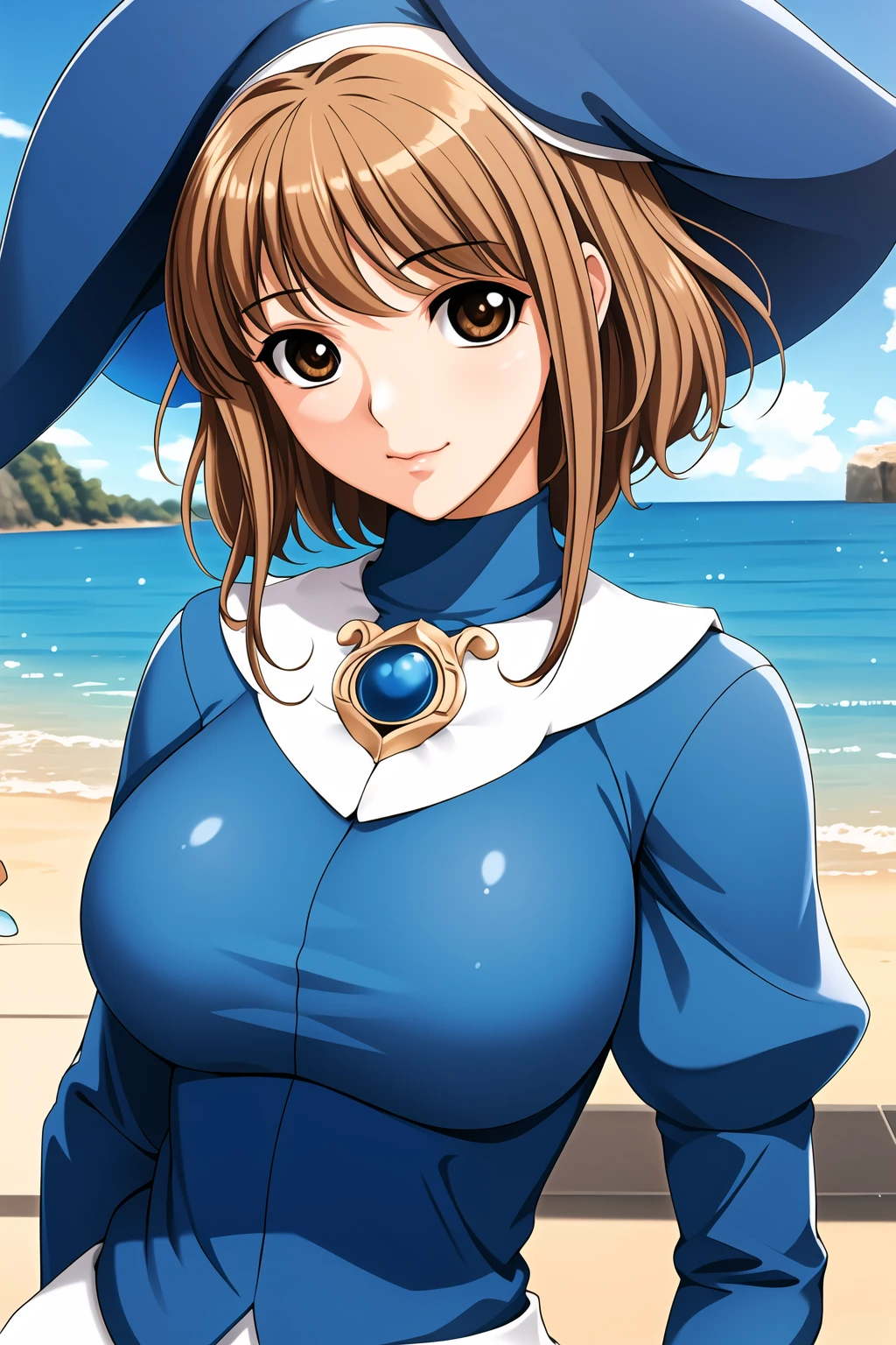 Simple Blue Background,
blue outfit,hat,juliet sleeves,
<lora:Mei_Shindou_AkibaGirls-KK77-V1:0.7>,jewelry, gem, necklace,
brown eyes, brown hair,bangs,short hair,
<lora:Oda_Non_Style-KK77-V2:0.3>,<lora:more_details:0.1>,
1 girl, 20yo,Young female,Beautiful long legs,Beautiful body,
Beautiful Nose,Beautiful character design, perfect eyes, perfect face,expressive eyes,perfect balance,
looking at viewer,(Focus on her face),closed mouth, (innocent_big_eyes:1.0),(Light_Smile:0.3),
official art,extremely detailed CG unity 8k wallpaper, perfect lighting,Colorful, Bright_Front_face_Lighting,White skin,
(masterpiece:1.0),(best_quality:1.0), ultra high res,4K,ultra-detailed,
photography, 8K, HDR, highres, absurdres:1.2, Kodak portra 400, film grain, blurry background, bokeh:1.2, lens flare, (vibrant_color:1.2),professional photograph,
(Beautiful,large_Breasts:1.4), (beautiful_face:1.5),(narrow_waist),
