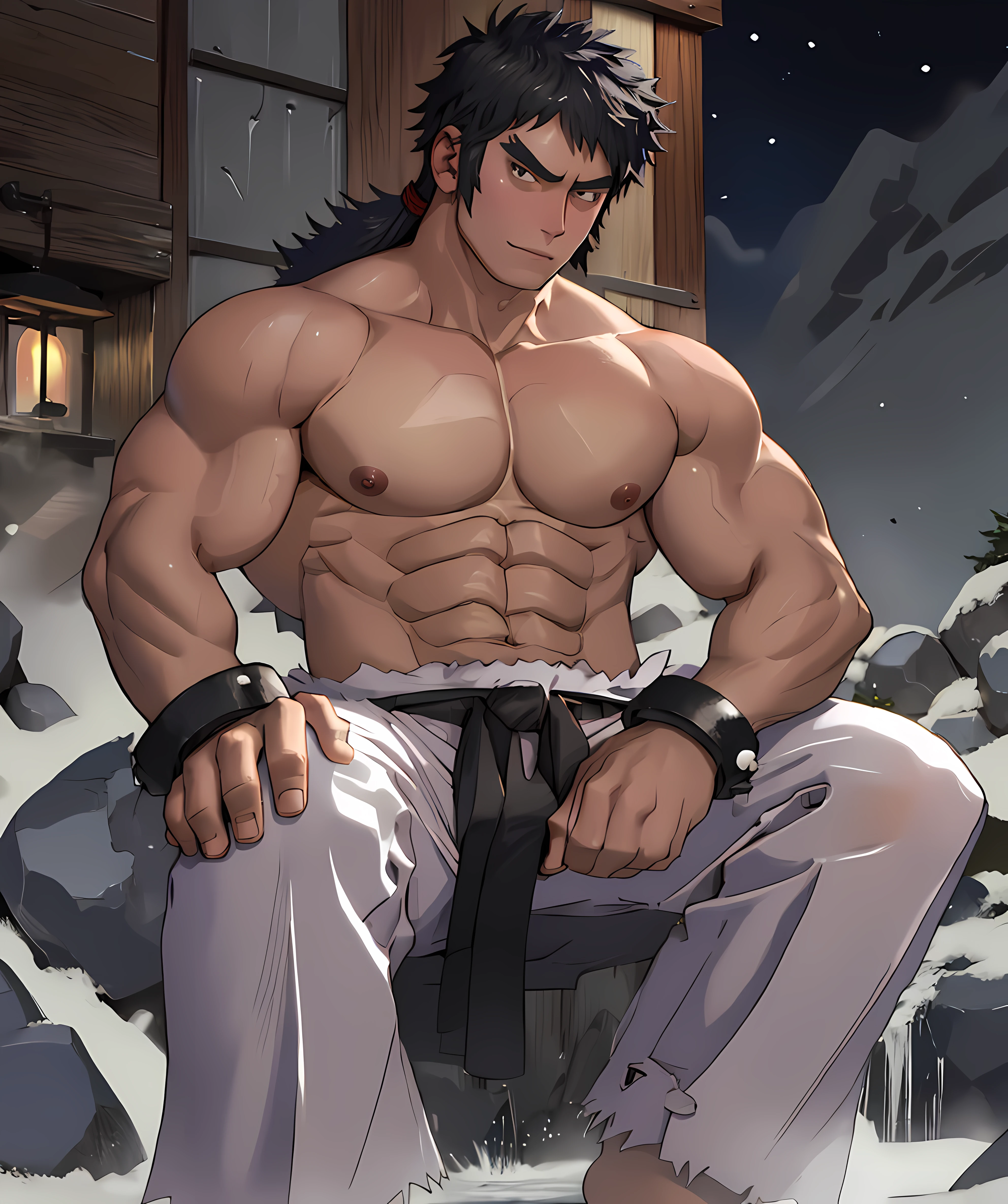 bruno_pokemon, hot spring, steam, snowing, indoor, night, light, looking to viewer, mountain, (muscular:1.1, nipples), topless, sitting down <lora:Bruno_Pokemon-15(1):0.85>