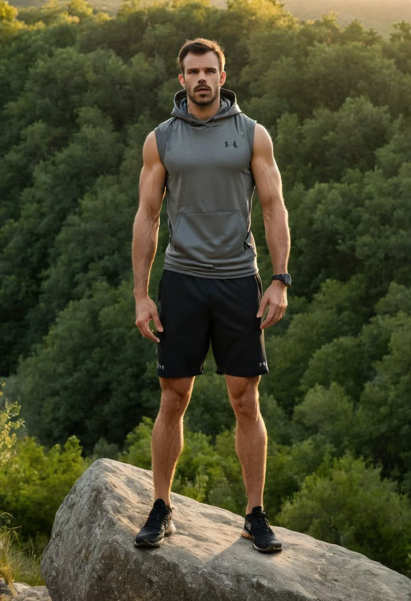 photo of Charlie Weber a man <lora:Killian-Belliard_Charlie-Weber:0.6>, wearing a sleeveless well-fitted under armour hoodie and compression shorts, standing on a boulder, outdoor trail, 35mm photograph, film, bokeh, professional, 4k, highly detailed, creek in the background, natural lighting, golden hour