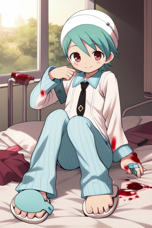 <lora:Mochizuki_Yuuma:0.8>, ãMochizukiYuuma, hat, solo, slippers, necktie, blood, full body, male focus, smile, 1boy, bandages, aqua hair, bed, hospital, room,
masterpiece, high quality, very_high_resolution, large_filesize, full color,