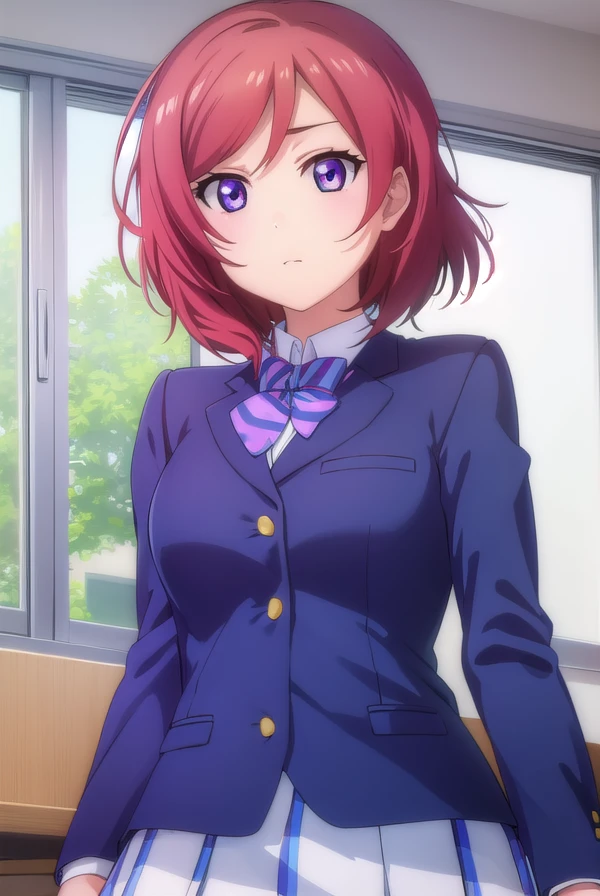 makinishikino, <lora:maki nishikino s1-lora-nochekaiser:1>,
maki nishikino, short hair, (purple eyes:1.1), red hair,
BREAK skirt, school uniform, jacket, blazer, winter uniform, otonokizaka school uniform,
BREAK indoors, classroom,
BREAK looking at viewer, (cowboy shot:1.5),
BREAK <lyco:GoodHands-beta2:1>, (masterpiece:1.2), best quality, high resolution, unity 8k wallpaper, (illustration:0.8), (beautiful detailed eyes:1.6), extremely detailed face, perfect lighting, extremely detailed CG, (perfect hands, perfect anatomy),