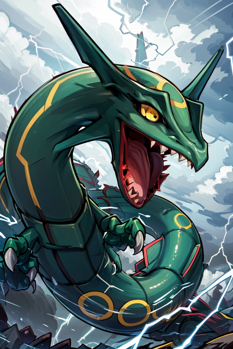 ((masterpiece,best quality)), absurdres,
<lora:Rayquaza:0.8>, Rayquaza, no humans, solo, 
animal focus, kuronekotarou, cloud, dragon, eastern dragon, electricity, flying, legendary pokemon, lightning, nintendo, nostrils, open mouth, sharp teeth, storm, teeth, yellow eyes, claws,, <lora:more_details:0.5>