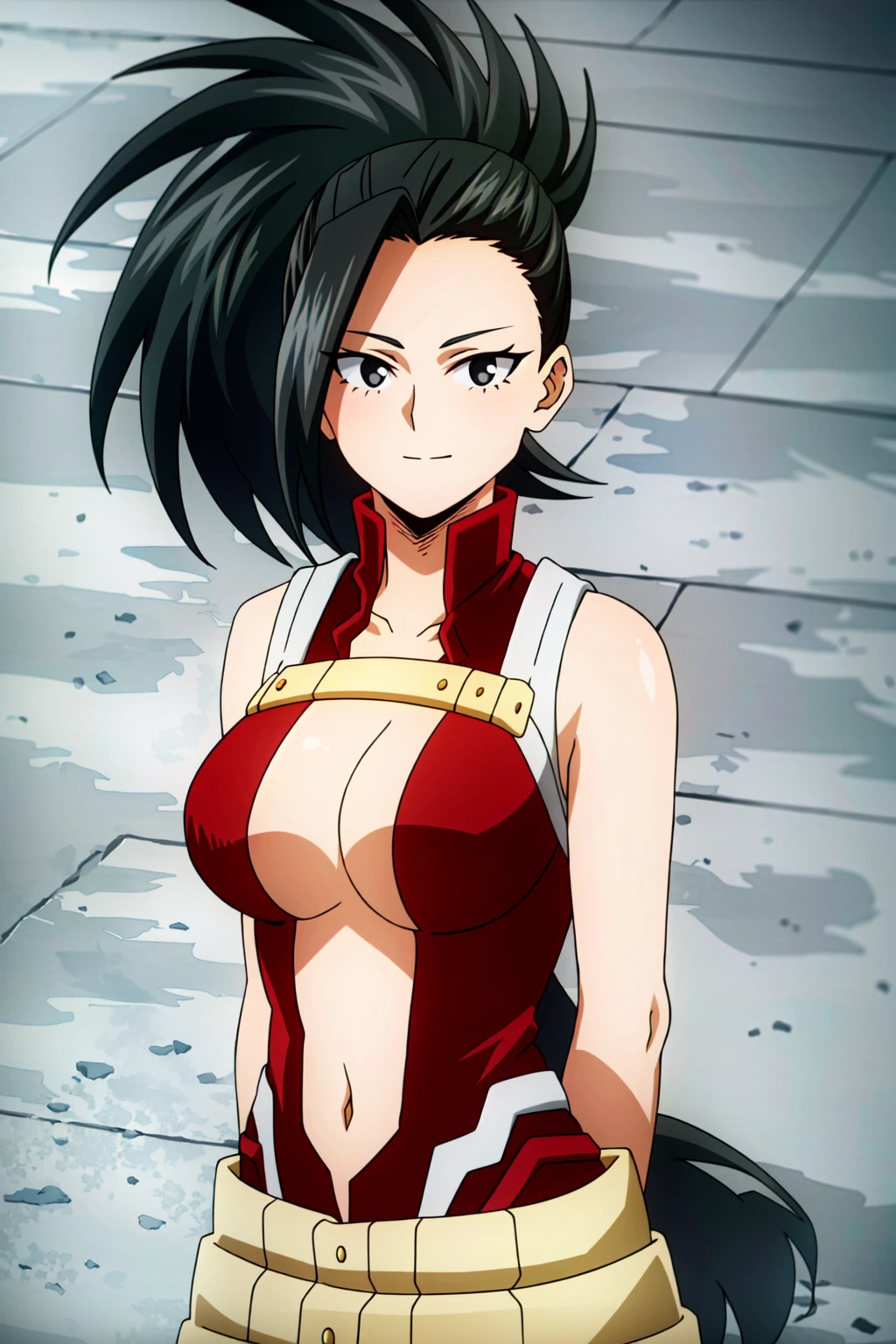 (extremely detailed CG unity 4k wallpaper),(masterpiece),(best quality),(ultra-detailed),(best illustration),(best shadow),(absurdres),(detailed background) <lora:OGT_Momo_Yoayorozu-v1:1> Momo Yaoyorozu, 1girl, breasts, solo, yaoyorozu momo, black hair, center opening, looking at viewer, navel, high ponytail, leotard, closed mouth, ponytail, wide ponytail, black eyes, bare shoulders, halterneck, bangs, belt, red leotard, outdoors, hair pulled back, expressionless, standing, long hair, collarbone, upper body, breasts apart, v arms, rock, cowboy shot, large breasts, cleavage, medium breasts, turtleneck, blurry, beltskirt, loose belt, light smile