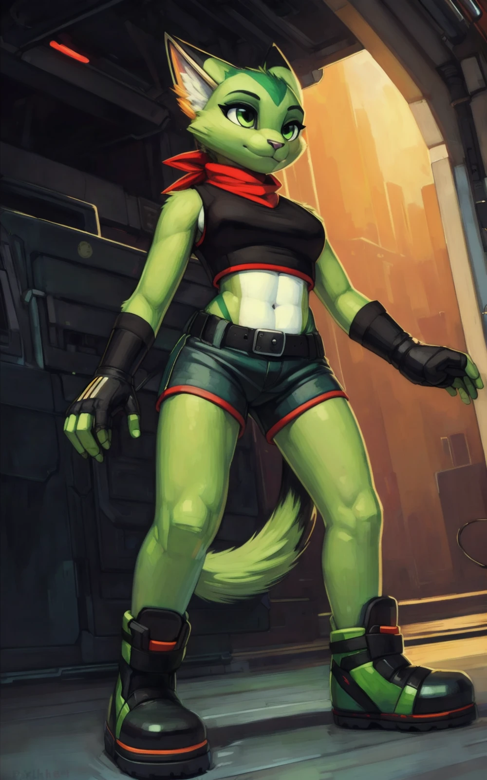 8k.4k,((Best quality, masterpiece, ultra high resolution)),((full body)),standing,by pixelsketcher, <lora:Carol Tea:1.2>,Carol Tea,gloves, furry, belt, furry female,black fingerless gloves, ((green shorts, green skin)),green eyes, tail, animal ears, shirt, cat tail, body fur, bandana, sleeveless, black shirt, animal nose, cat ears, sleeveless shirt, cat girl, green footwear, shoes, red bandana,navel, midriff,green fur,cyberpunk city,long shot,rear view