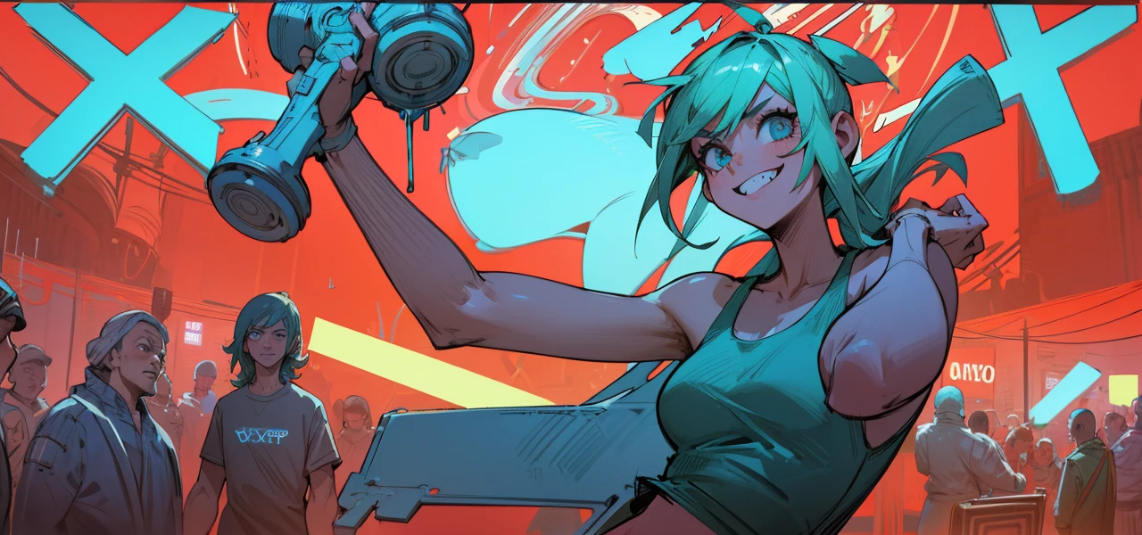(medium shot:1.4), 1girl, green hair, tank top, grin smile, fashion model, looking at viewer,
walking in city street, crowded street, out of focus background,
(blue neon_pop art style:1.4), <lora:thicc_v2.3:1.6>, <lora:add_detail:0.6>