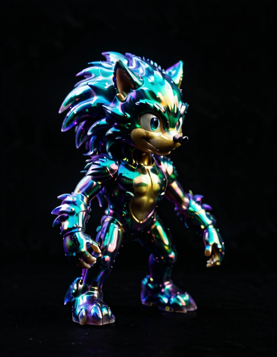 a Iridescent oil slick sonic the hedgehog against a black background