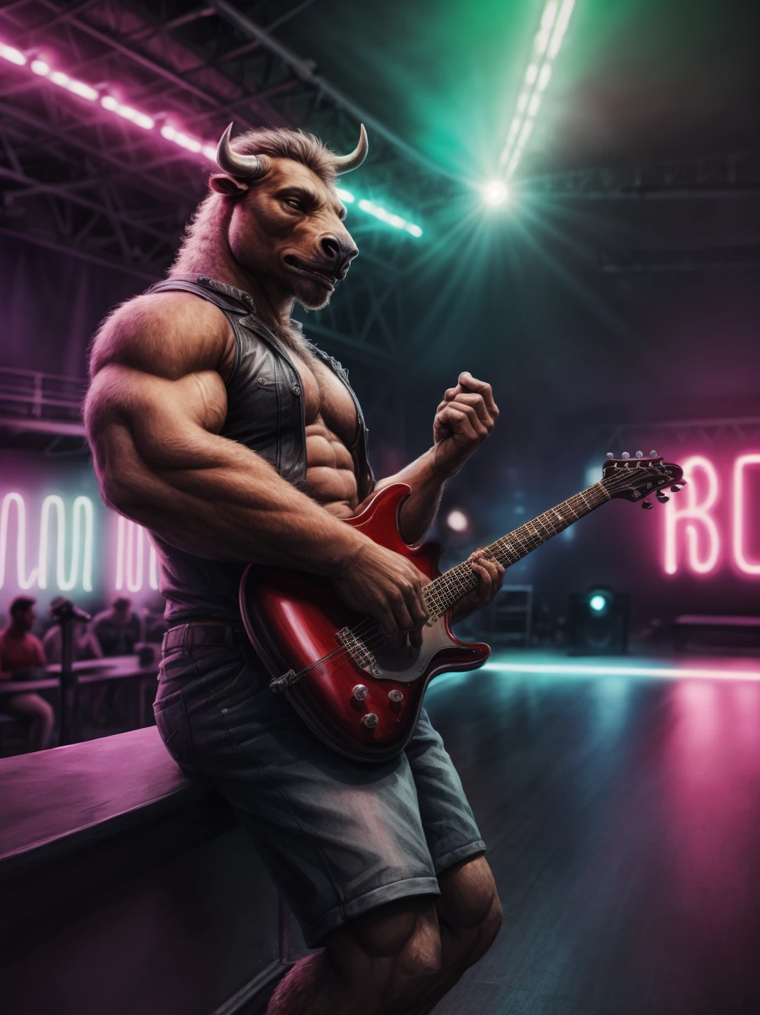 muscular, clothed bison rockstar, playing guitar, neon lights, stage
BREAK
(detailed background),ultra detailed, photography masterpiece, film photography, RAW candid cinema, realistic, ultra realistic, 8k