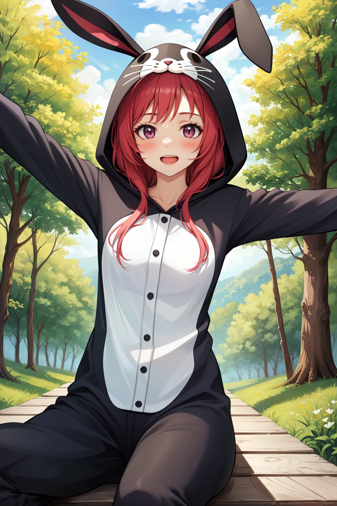 masterpiece, best quality, highres,
PajamAnimal, 1girl, solo, blush, animal ears, bunny ears, hood, hoodie, animal hood, animal costume, bunny hood, bunny costume, pajamas, bunny tail,
sitting, cowboy shot, outstretched arms, spread arms, looking at viewer, forest, sunlight, cloudy, laughing, <lora:Concept_Pajamas:1>