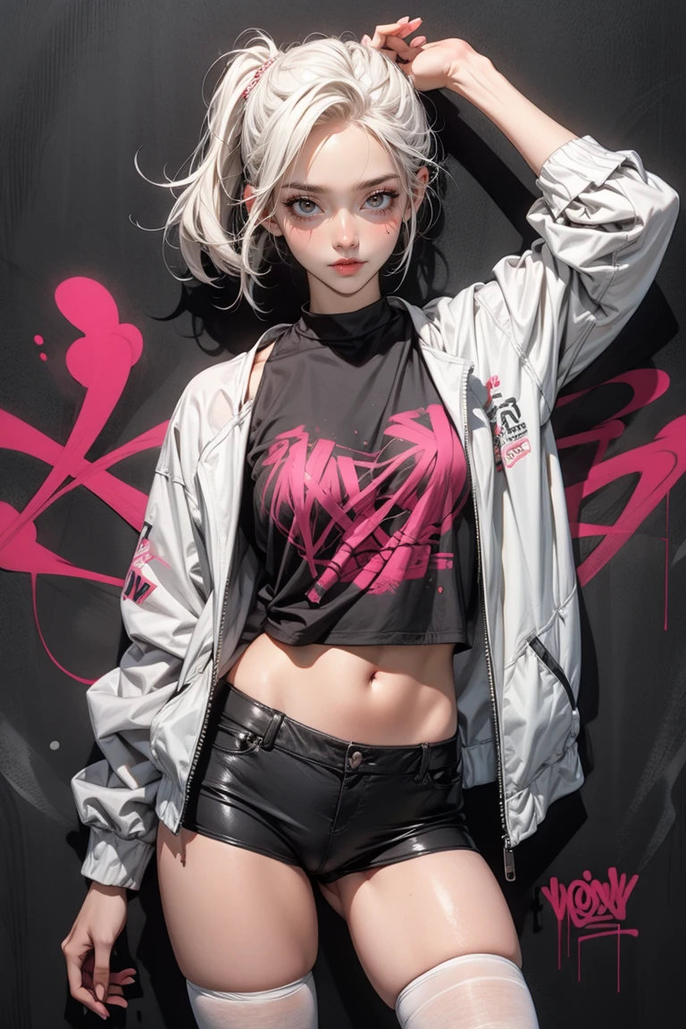 (masterpiece, best quality), absurdes, woman, white hair, braids, white thighhighs, black top, short jacket, puffy cameltoe, red background, (astraaligraffiti, graffiti wall:1.2) <lora:GoodHands-vanilla:1> <lora:add_detail:0.6>  <lora:Astraali_GRAFFITI:1>