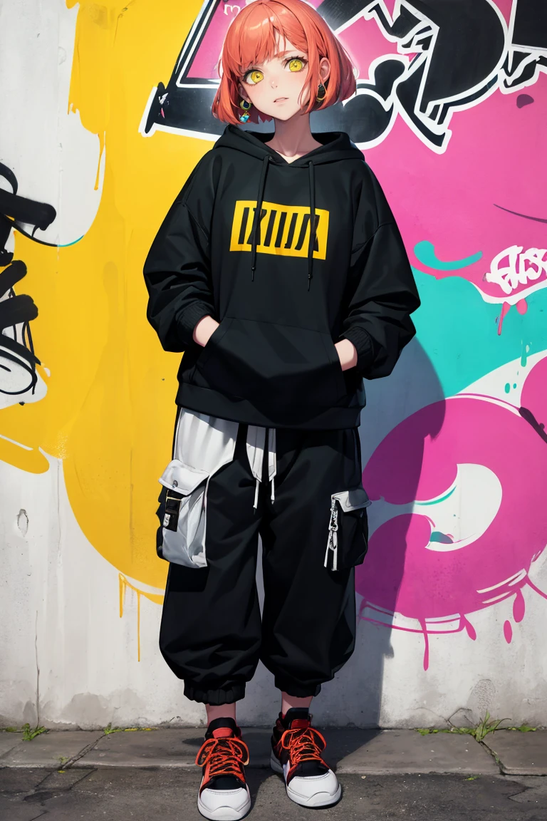 masterpiece, best quality, absurdres, HarukaNanami, short hair, urban and street style, graffiti-inspired colors, cool and edgy attire, baggy pants, oversized hoodie, stylish sneakers, fashionable accessories, hip hop jewelry, confident expression, graffiti walls, energetic and vibrant atmosphere, <lora:HarukaNanami:1>