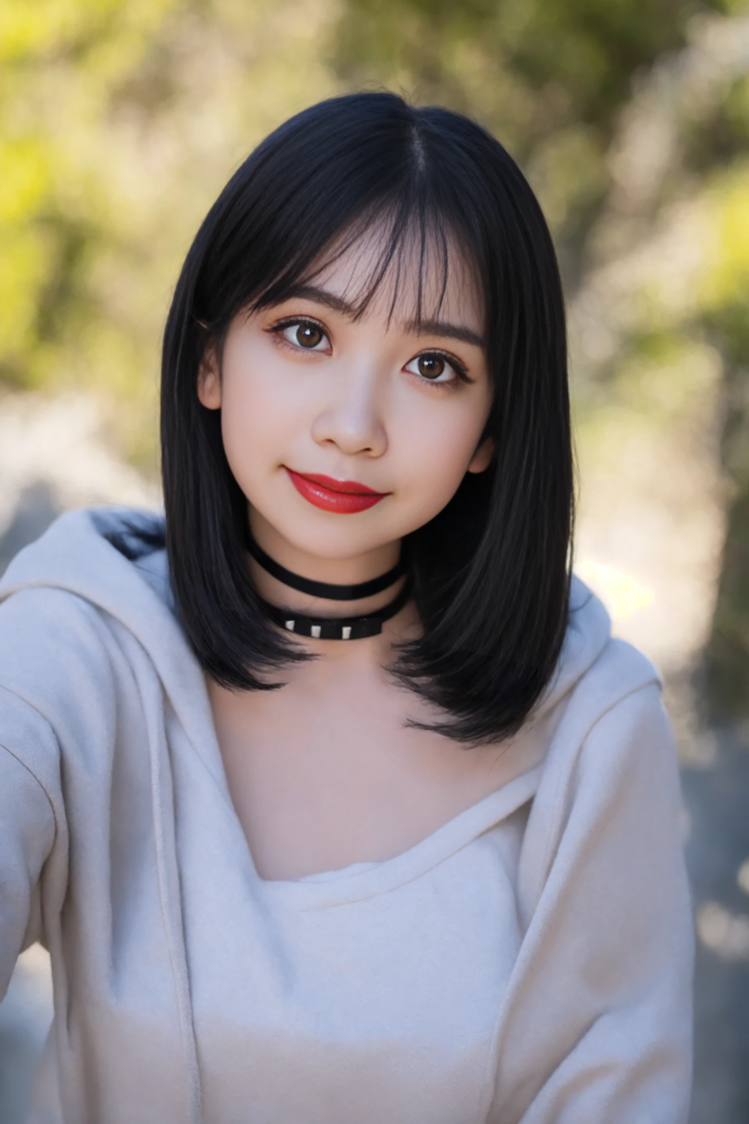 <lora:suzu_ir_v01:0.9>, 
 (8k, RAW photo, best quality, masterpiece:1.2), (realistic, photo-realistic:1.37), omertosa,1girl, blurry background,lake, sunlight,professional lighting, photon mapping, radiosity, physically-based rendering, backlight bokeh, blurry background,smile, ((black choker)), red lips, student ,((lights shinning on the face))
head portrait
,
sunlight, ((outdoors)) ,((light shinning on the hair))
((short jacket,hoodie)),
((high twin-tail hair)), ((floating hair)), black hair,straight hair, glowing hair,
135mm lens,,big breast,red lips,smile,