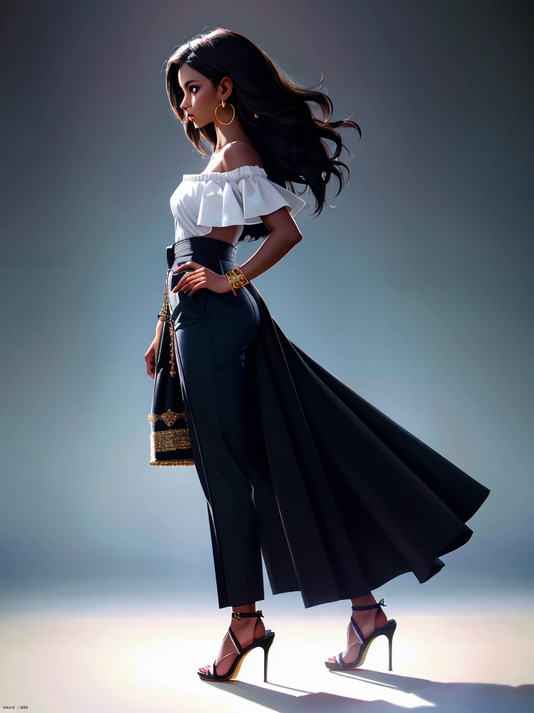 Realistic photo of a beautiful 1m4n woman,1girl,solo,black hair,holding,bare shoulders,jewelry,standing,full body,weapon,earrings,pants,dark skin,off shoulder,black footwear,high heels,bracelet,from side,dark-skinned female,profile, soft lighting, professional Photography, Photorealistic, detailed, RAW, analog, sharp focus, 8k, HD, high quality, masterpiece<lora:1m4n:1.0>