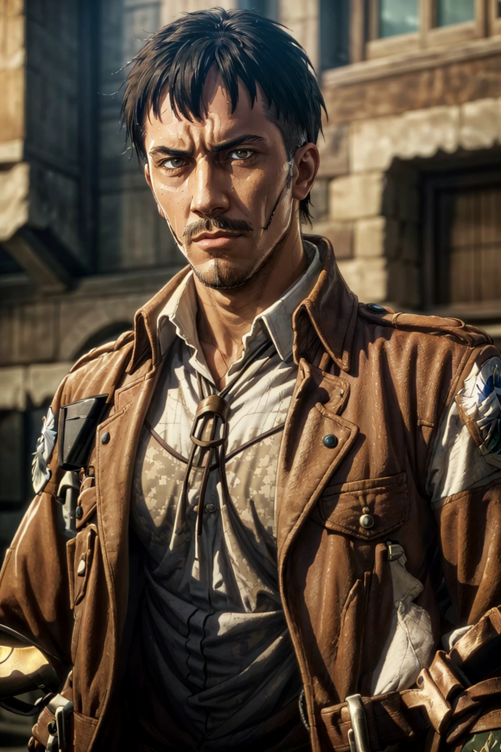 (1 image only),  solo male,  1boy,  Nile Dok,  Attack on Titan,  lean,  facial hair,  light mustache,  light goatee,  dark brown eyes,  black hair,  short hair,  paradis military uniform,  bolo tie,  handsome,  mature,  charming,  alluring,  upper body in frame,  perfect anatomy,  perfect proportions,  8k,  HQ,  (best quality:1.2,  hyperrealistic:1.2,  photorealistic:1.2,  masterpiece:1.3,  madly detailed photo:1.2),  (hyper-realistic lifelike texture:1.2,  realistic eyes:1.2),  high_resolution,  perfect eye pupil,  dutch angle, Nile Dok,<lora:EMS-498-EMS:0.200000>,<lora:EMS-288708-EMS:0.700000>