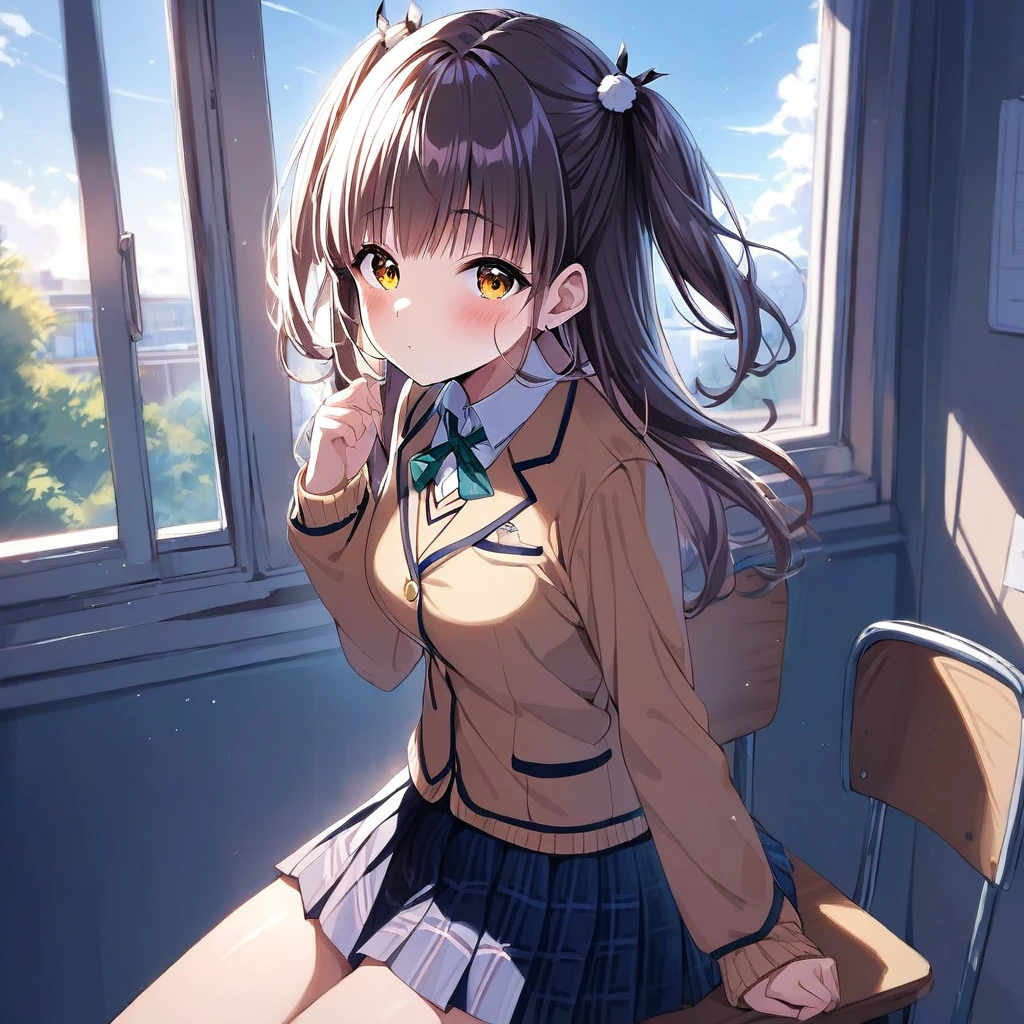[high quality, best quality], 1girl, solo, suzumura yu, hair ornament, <lora:yu_xl-000021:0.72>, school uniform, sitting on desk, classroom, looking at viewer, blush, window, sky, day