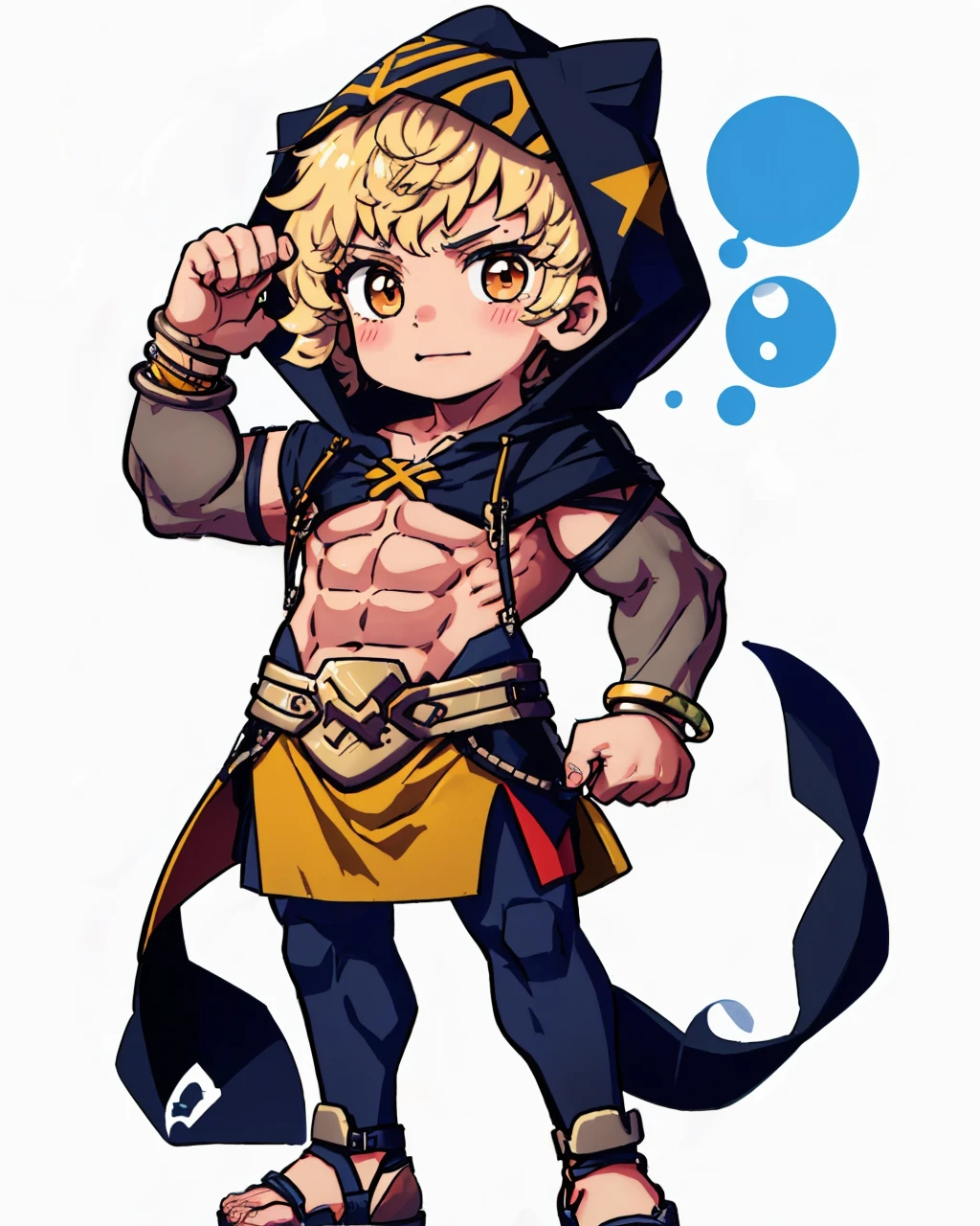 (chibi:1.1), 1boy, solo, full body, <lora:RaphaelFE3H-bsinky-v1:0.8> musRaphael, short hair, navel, hood up, bracelet, muscular, abs, pelvic curtain, sandals, white background, <lora:Cutedoodle_SD15:0.65> cute doodle