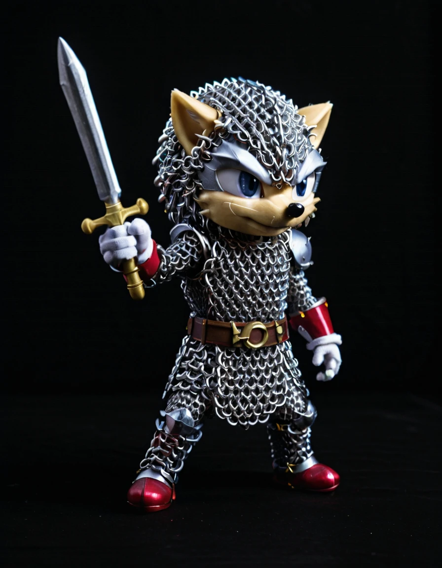 a Chainmail sonic the hedgehog against a black background