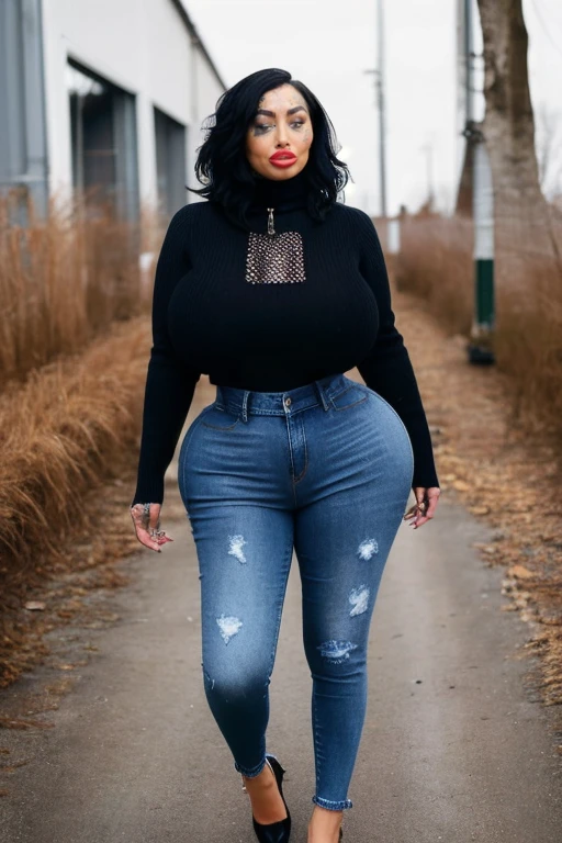 <lora:M4ryM4gd4l3n3_v1:1>, high quality, high resolution, woman in sweater with long collar, at the factory, jeans, thick thighs, big lips, wide hips, tattoos, black hair, looking at viewer, mascara, piercings, big breasts, M4ryM4gd4l3n3