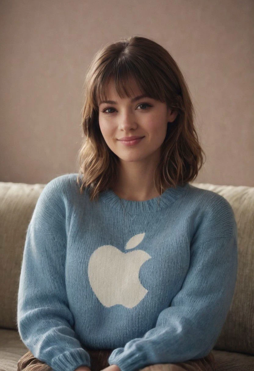 closeup portrait of woman, hair bangs sitting in cozy light on corduroy couch and smiling to camera. blue knitted sweater with apple logom white apple icon, very detailed, atmospheric haze, Film grain, cinematic film still, shallow depth of field, highly detailed, high budget, cinemascope, moody, epic, OverallDetail, gorgeous, 2000s vintage RAW photo, photorealistic, candid camera, pink/grey color graded cinematic, eye catchlights, atmospheric lighting, skin pores, imperfections, natural, shallow dof