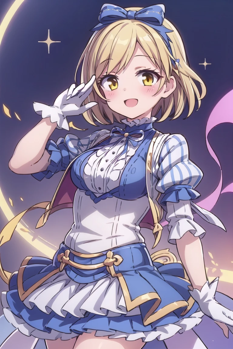 1girl, calm, gbf-idol djeeta, hair accessories, smile, blush, gloves, yellow eyes