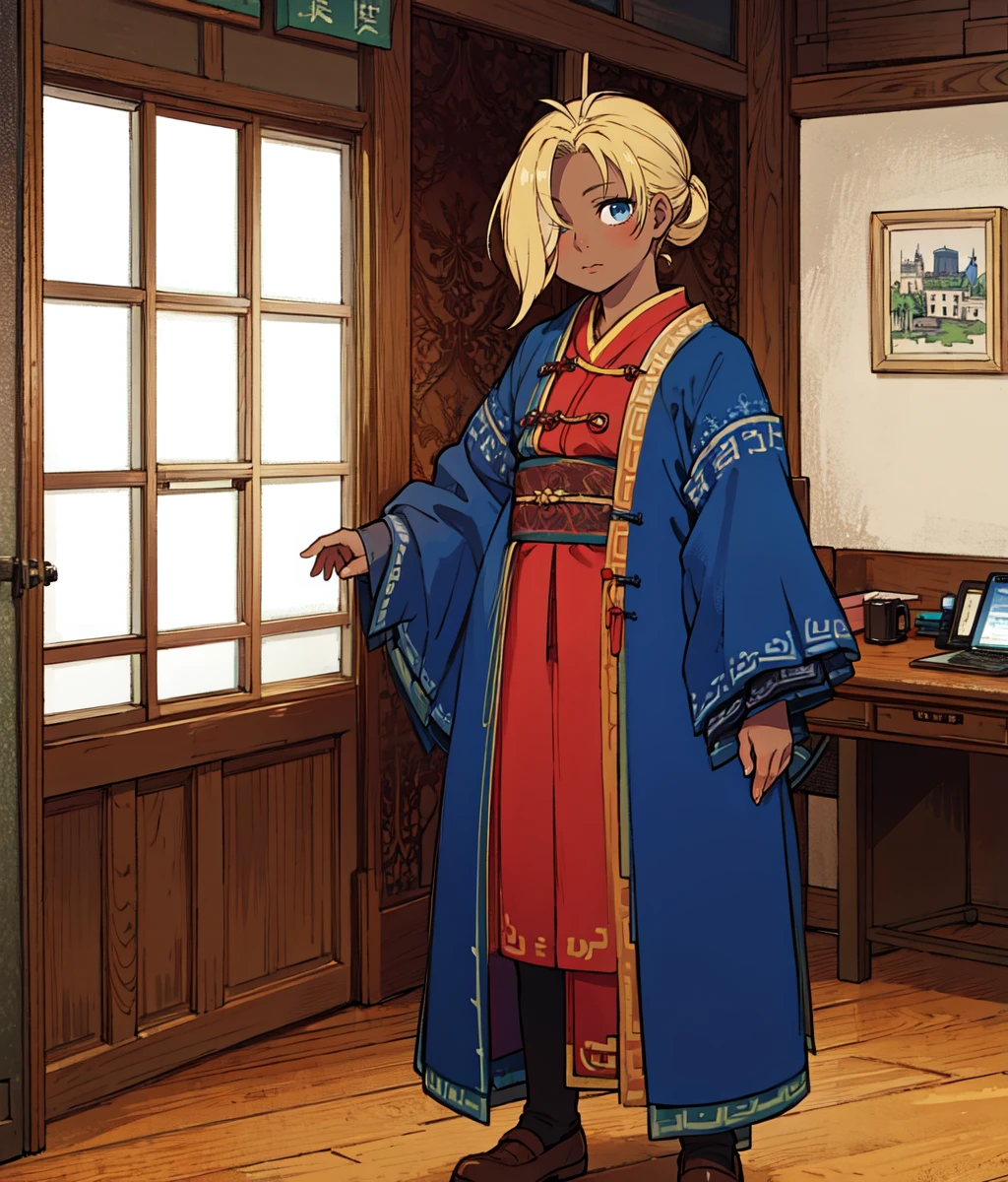 masterpiece, anime screencap, 1girl, solo, blonde hair, dark skin, hair covering one eye, blue outfit, chinese clothes, fan, standing, indoors, office, medieval, full body, cowboy shot <lora:Lucretia:1>