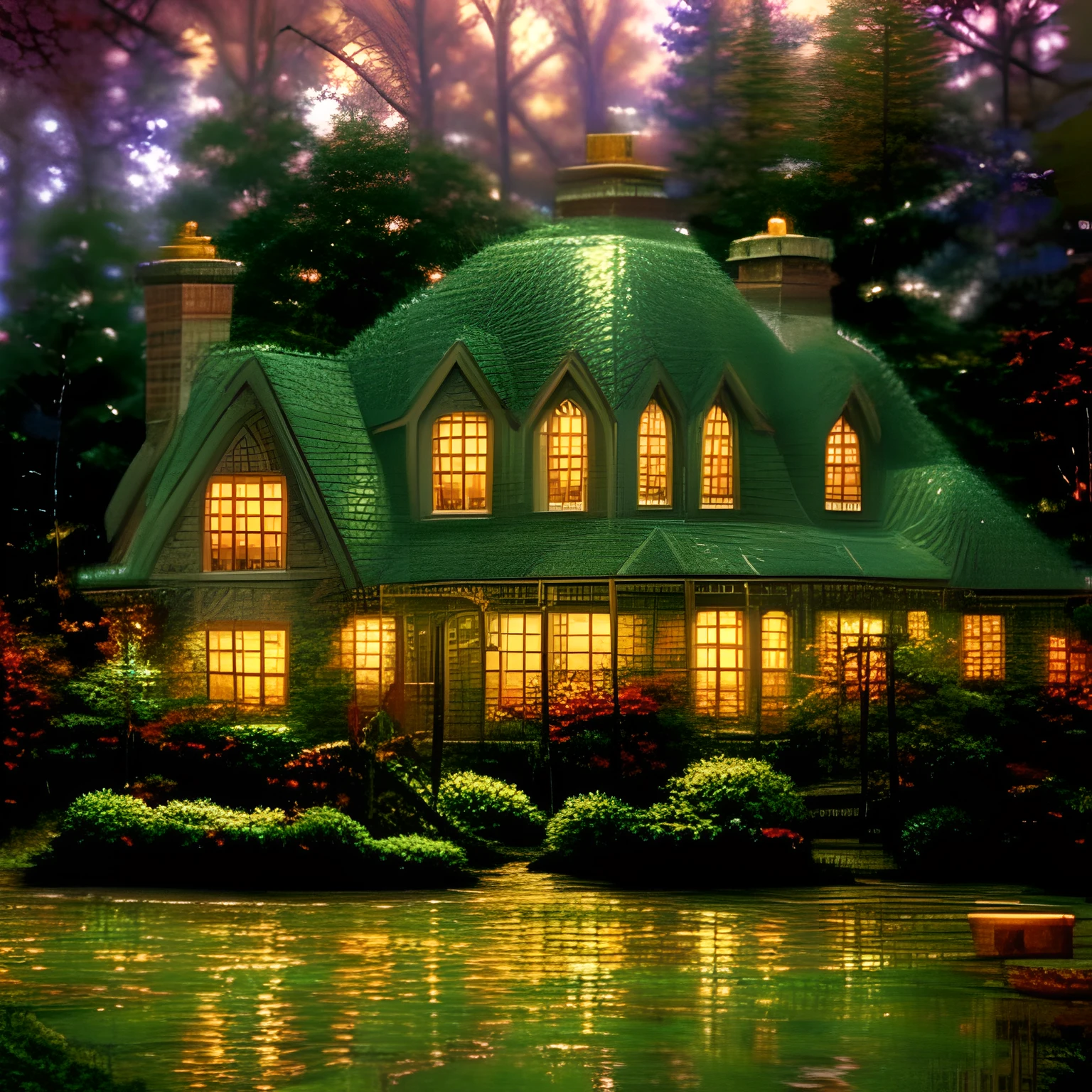 <lora:kinkade:1> oil painting kinkade style, of beautiful mansion in the green garden, water reflection in asphalt,cozy feel, nostalgia, high res, winter, snow ambient, christmas time, littles lights4k,8k <lora:lcm-lora-sdv1-5:1>