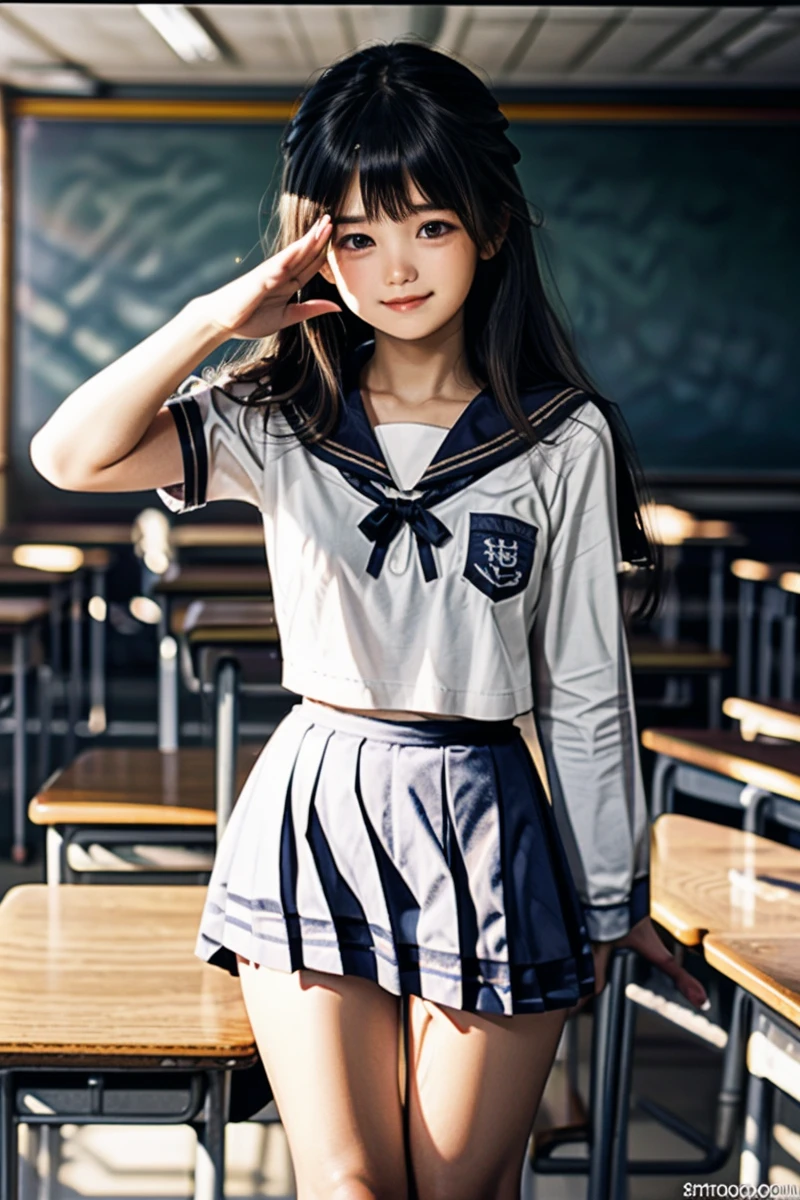 1girl,
classroom,
school uniform,
sailor fuku,
smile,
salute