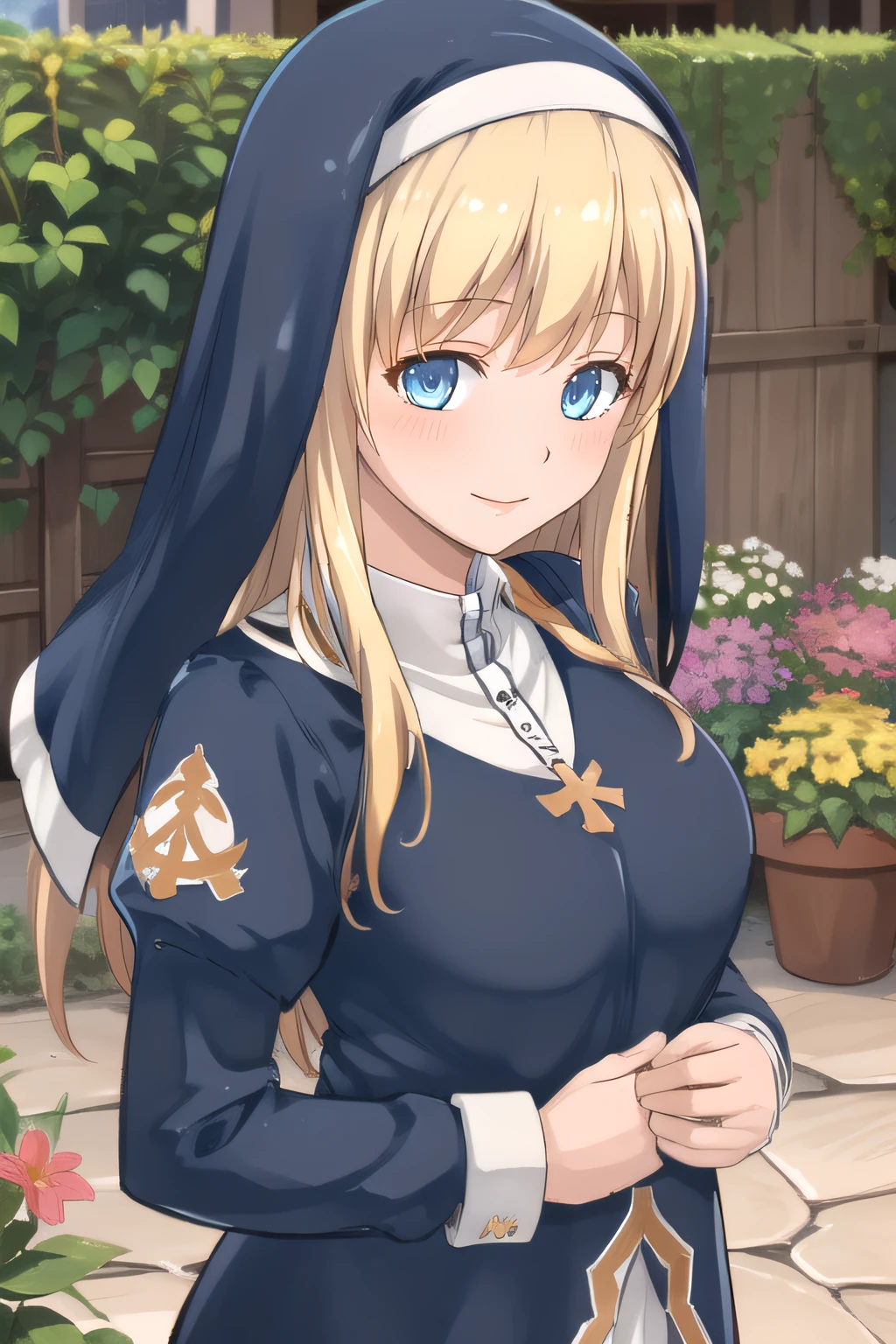 (masterpiece:1.2), best quality, high resolution, unity 8k wallpaper, (illustration), extremely detailed face, perfect lighting, extremely detailed CG, <lora:Saint_Emiliana:0.7>, emiliana, blonde hair, blue eyes, nun, habit, standing, looking at viewer, cowboy shot, frontal view:1.2, smile, blush, outdoor, garden
