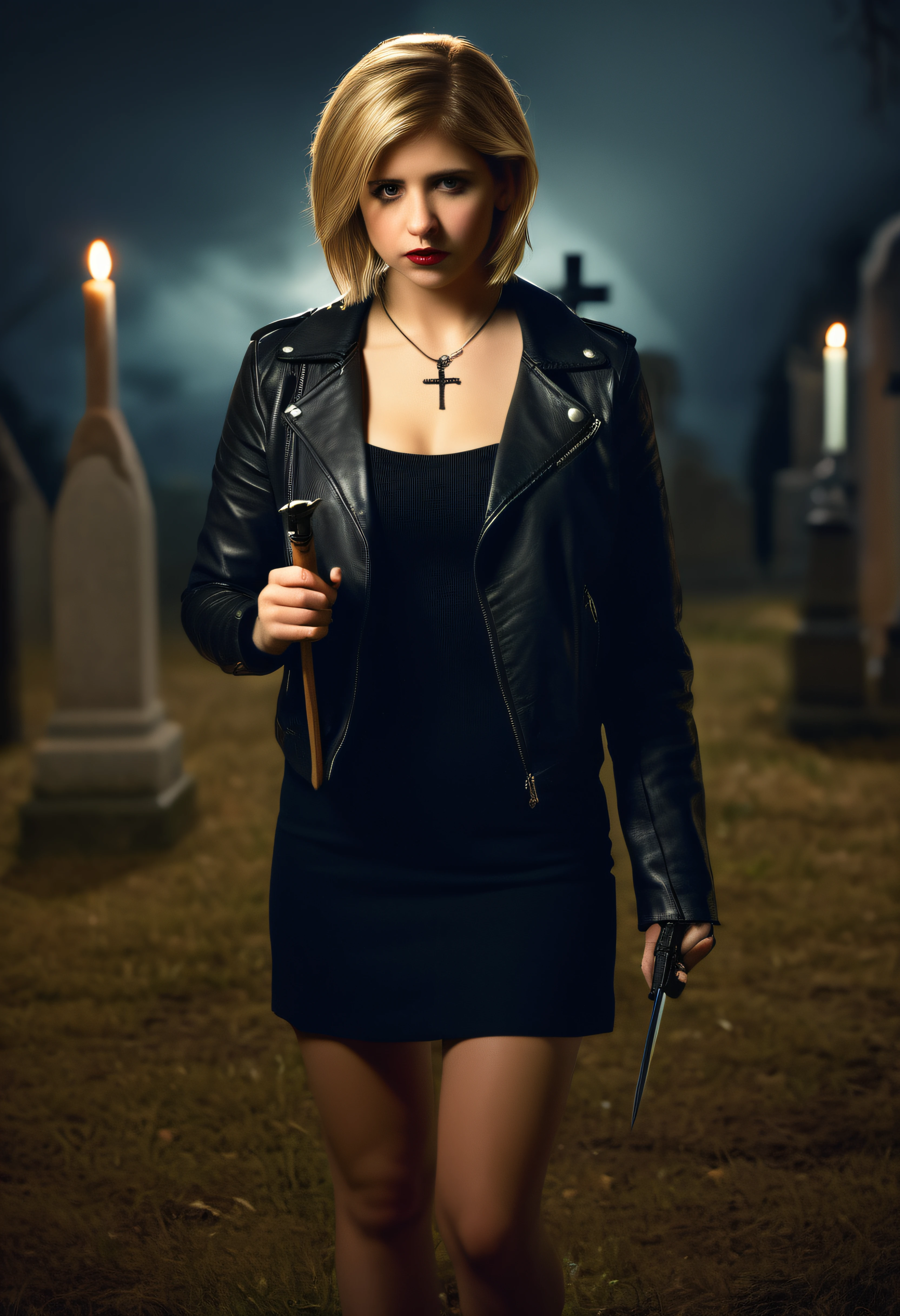 8K UHD digital photo, analog style, (real), portrait of ((smg)) as a vampire slayer walking through a cemetery at night, carrying a 7-inch wooden stake made of carved pine, youthful, medium-short blonde hair, wearing a dress for her spring formal with a stylish leather jacket, (perfect and highly detailed bright eyes), full lips, perfect teeth, highly detailed and textured skin, [freckles], wearing a tiny cross on a necklace, professional color grading, depth of field, trending on Instagram, 85mm f/1 1 4, rendered in octane engine, Unreal 5 with ambient light from the right side of her face, intricate details dramatic lighting, hyper realistic, volumetric shadows, depth of field, fog lens, bokeh, detailed background, award winning photograph, portrait studio photography