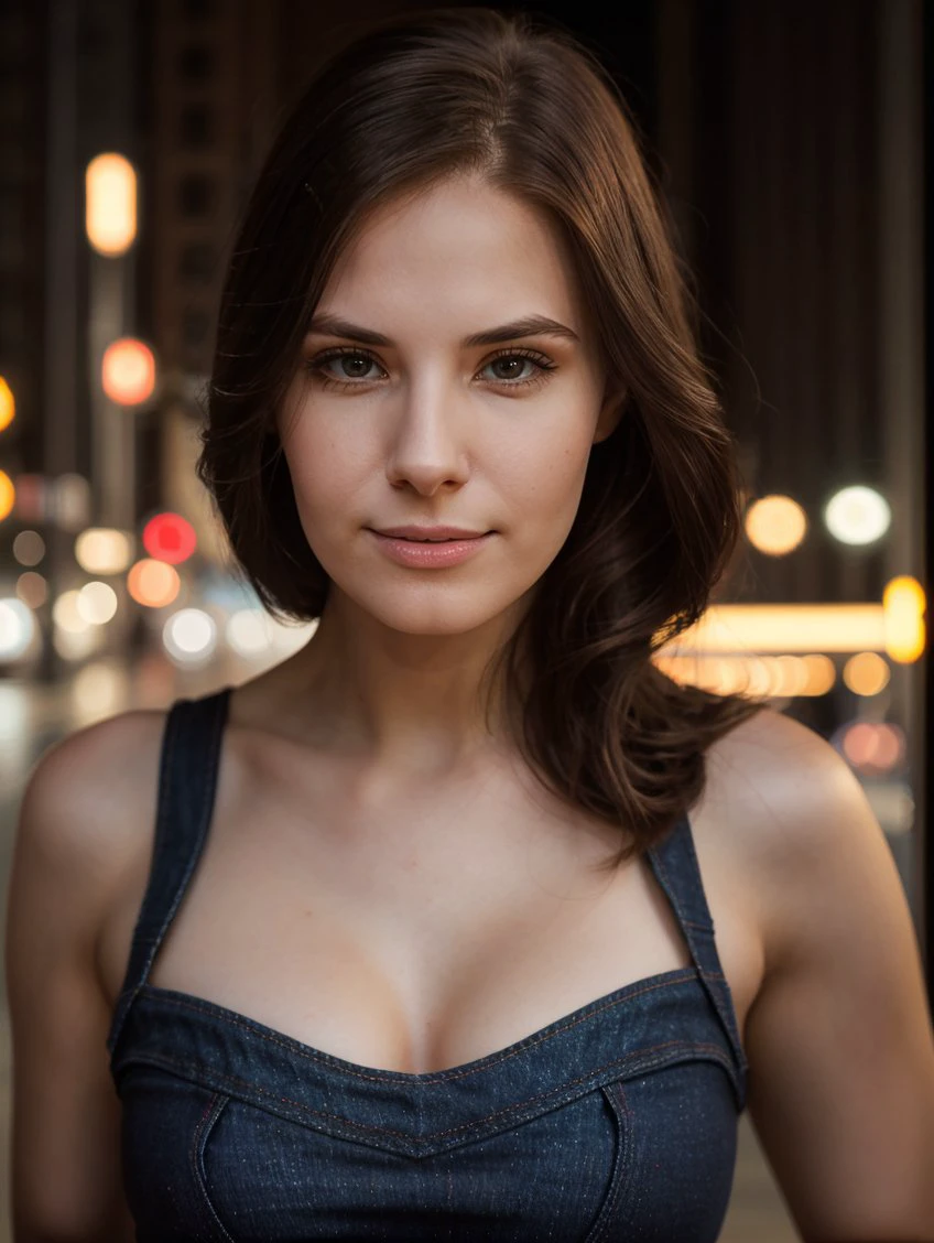 A striking portrait of a girl in a white shirt and blue pants. Her eyes are filled with curiosity, reflecting her inquisitive nature. Place her in a bustling urban environment, with city lights illuminating the night. The contrast between her innocence and the urban chaos is captivating. Photo taken by Annie Leibovitz with a Canon EOS 5D Mark IV and a 50mm f/1.8 lens. Utilize neon city lights for a dramatic cinematic effect. 8K, Ultra-HD, Super-Resolution