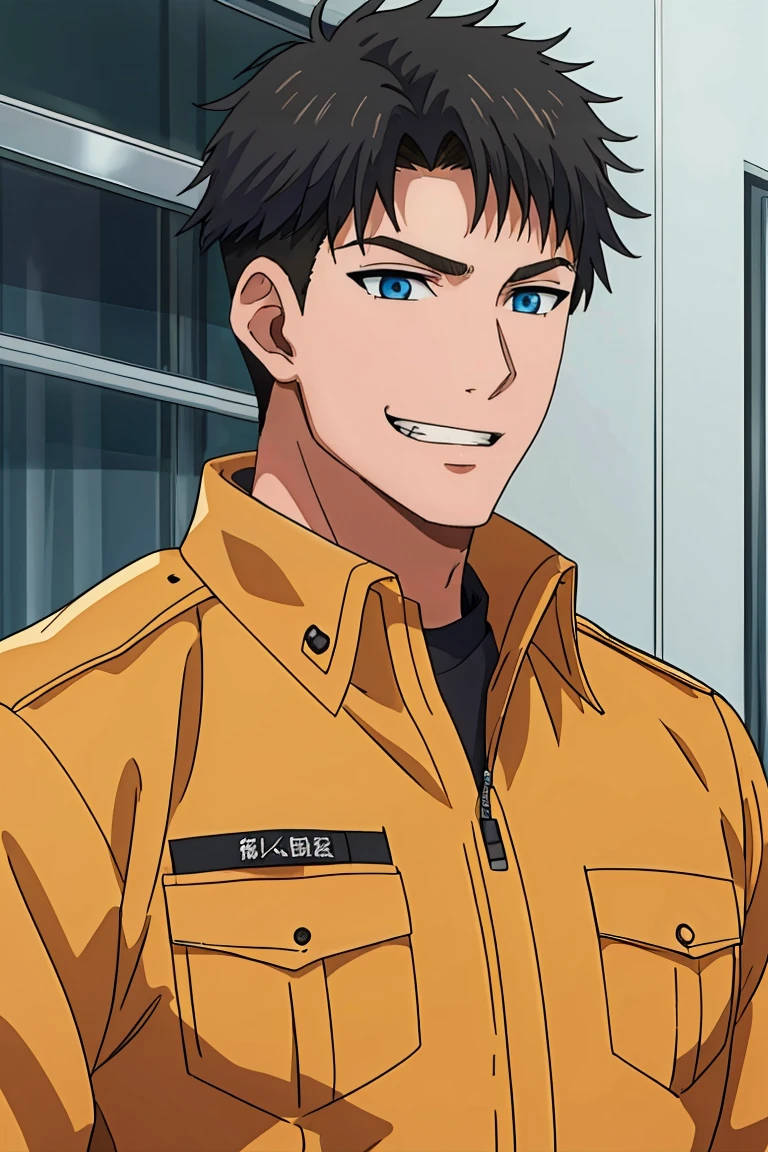 (((best quality, high resolution, masterpiece, very detailed))), <lyco:husbandoLocon_v4:0.3>, anime screencap, 1boy, solo focus, male focus, short hair, depth of field, <lora:Character - Yubisaki Jounetsu - Souma Mizuno:0.7> soumamizuno, black hair, blue eyes, upper body, on park, fireman truck, grin, firemen uniform,